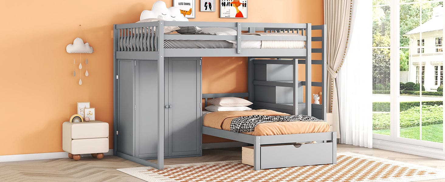 Full Over Twin Bunk Bed with Wardrobe, Drawers, Gray