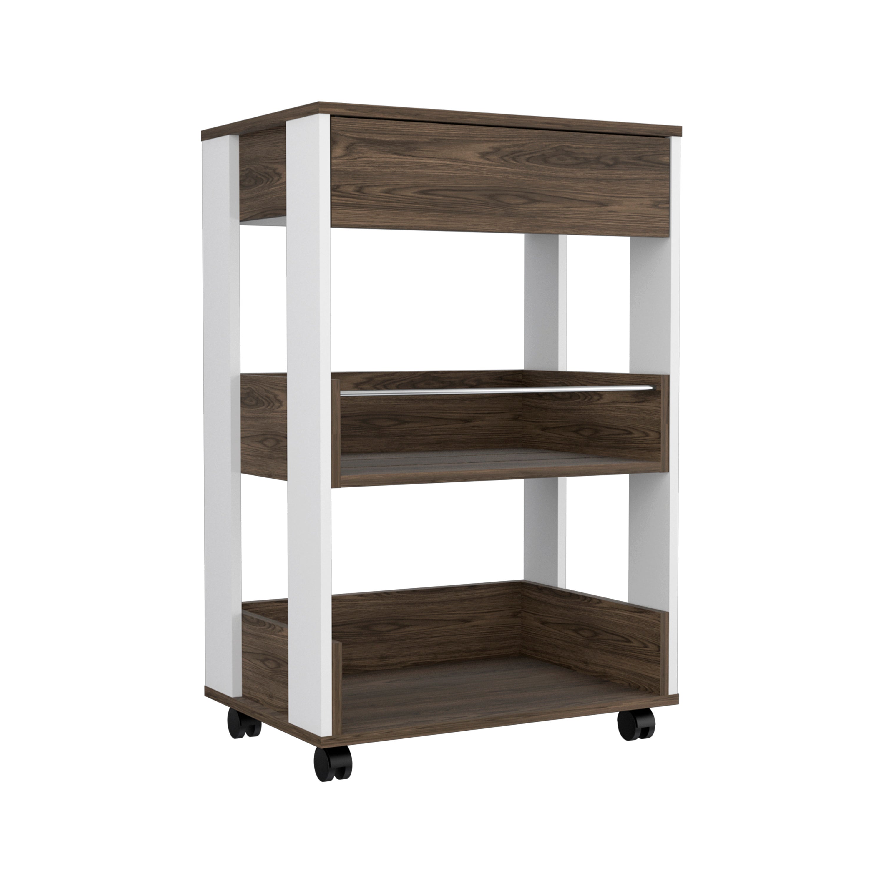 Kitchen Cart Coron with Drawer, Three-Tier Shelves and Casters, White / Dark Walnut Finish