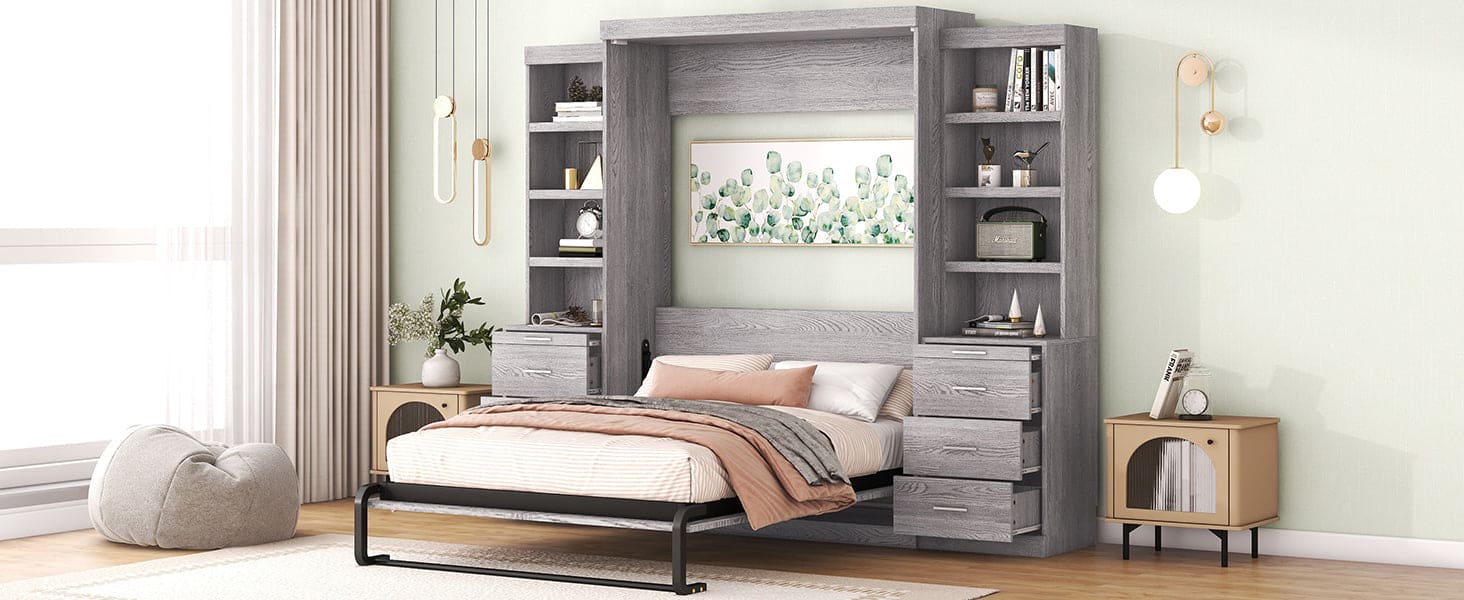 Full Size Murphy Bed with Storage Shelves and Drawers, Gray