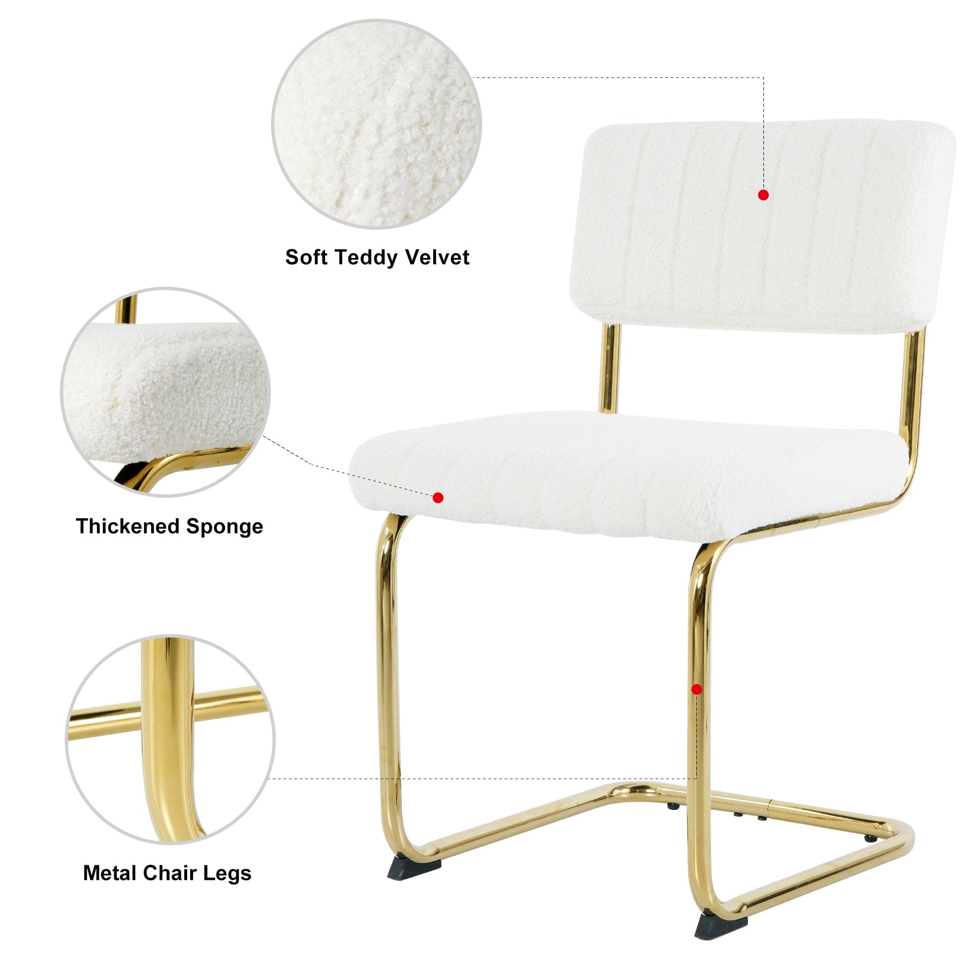 Modern simple light luxury dining White chair home bedroom stool back dressing chair student desk chair gold metal legs(set of 2)