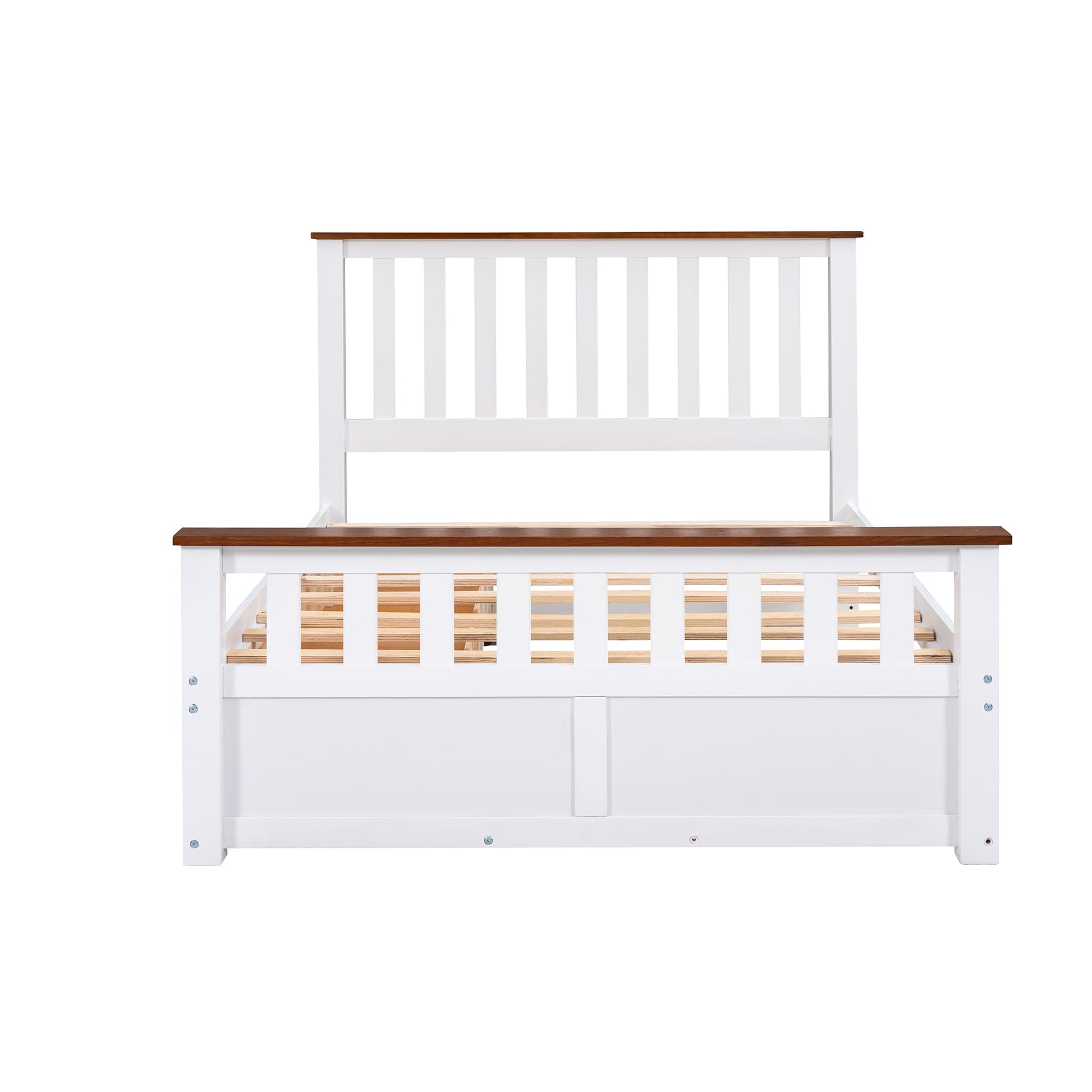 Full Size Wood Platform Bed with Two Drawers and Wooden Slat Support,White+walnut