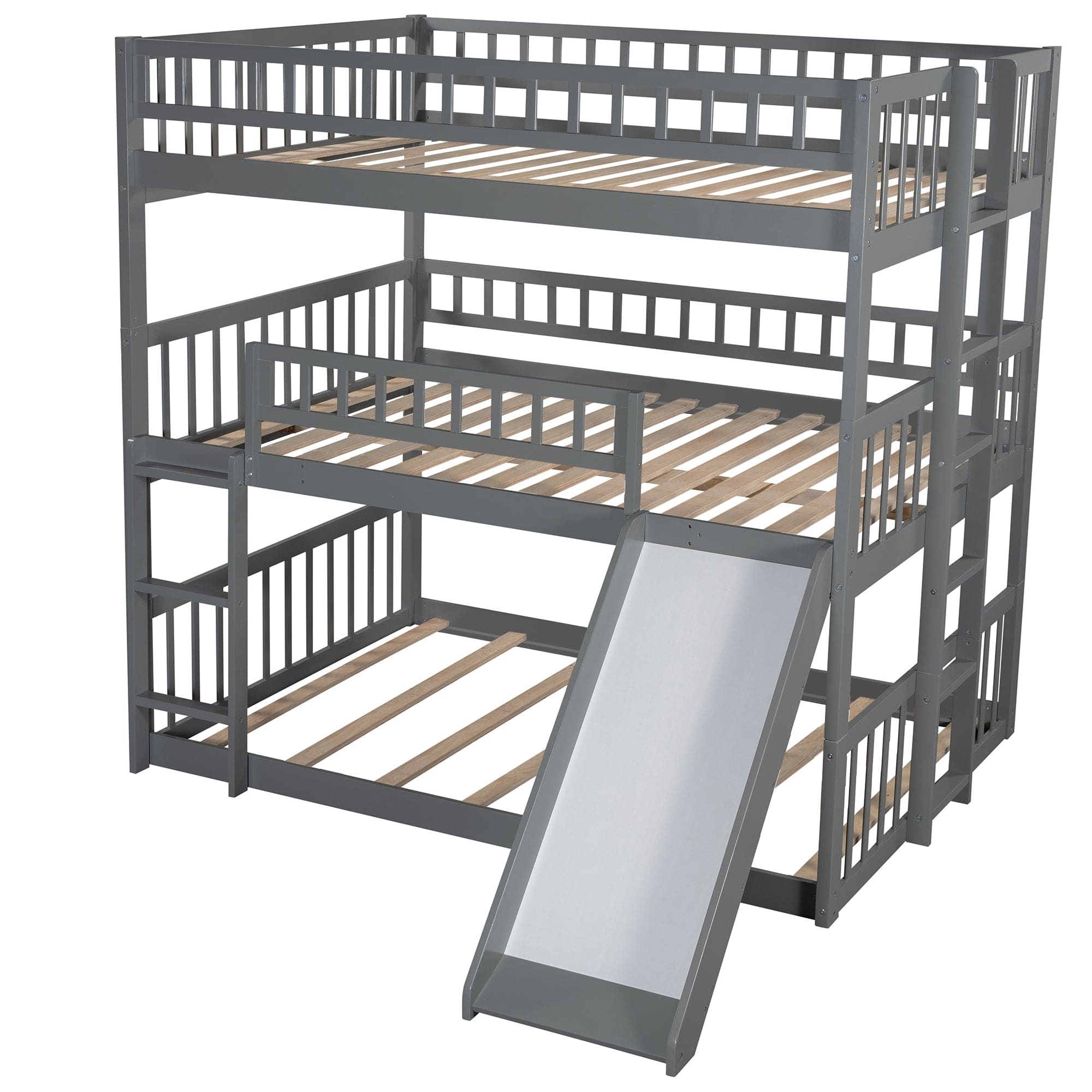 Full-Over-Full-Over-Full Triple Bed with Built-in Ladder and Slide , Triple Bunk Bed with Guardrails, Gray(OLD SKU :LP000052AAE)