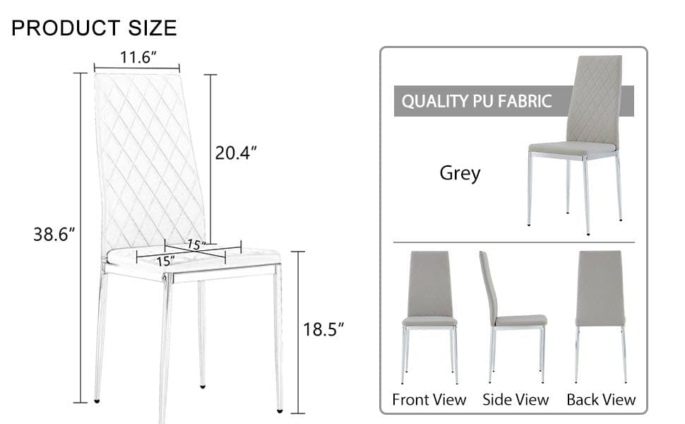 Grid armless high backrest dining chair, 6-piece set, office chair. Suitable for restaurants, living rooms, kitchens, and offices. Light gray chairs and electroplated metal legs  0924