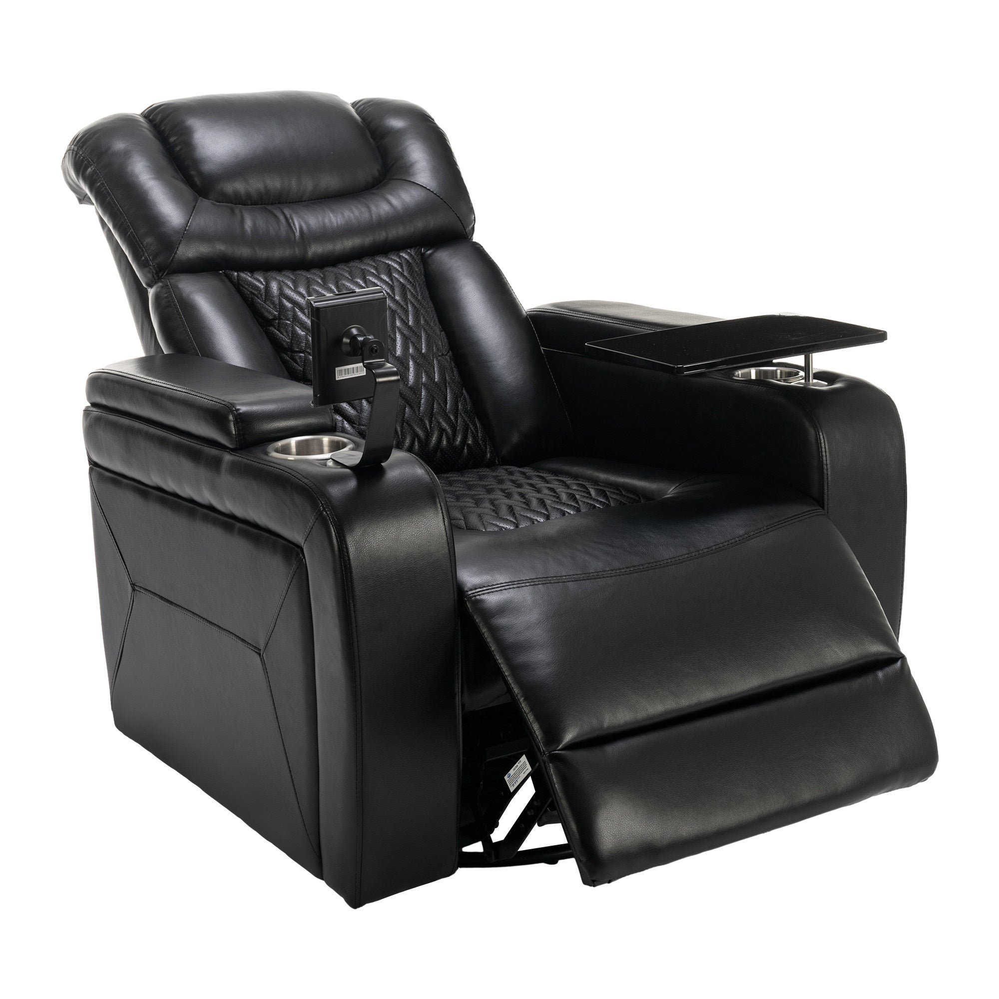 270 Degree Swivel PU Leather Power Recliner Individual Seat Home Theater Recliner with  Comforable Backrest, Tray Table,  Phone Holder, Cup Holder,  USB Port, Hidden Arm Storage for Living Room, Black