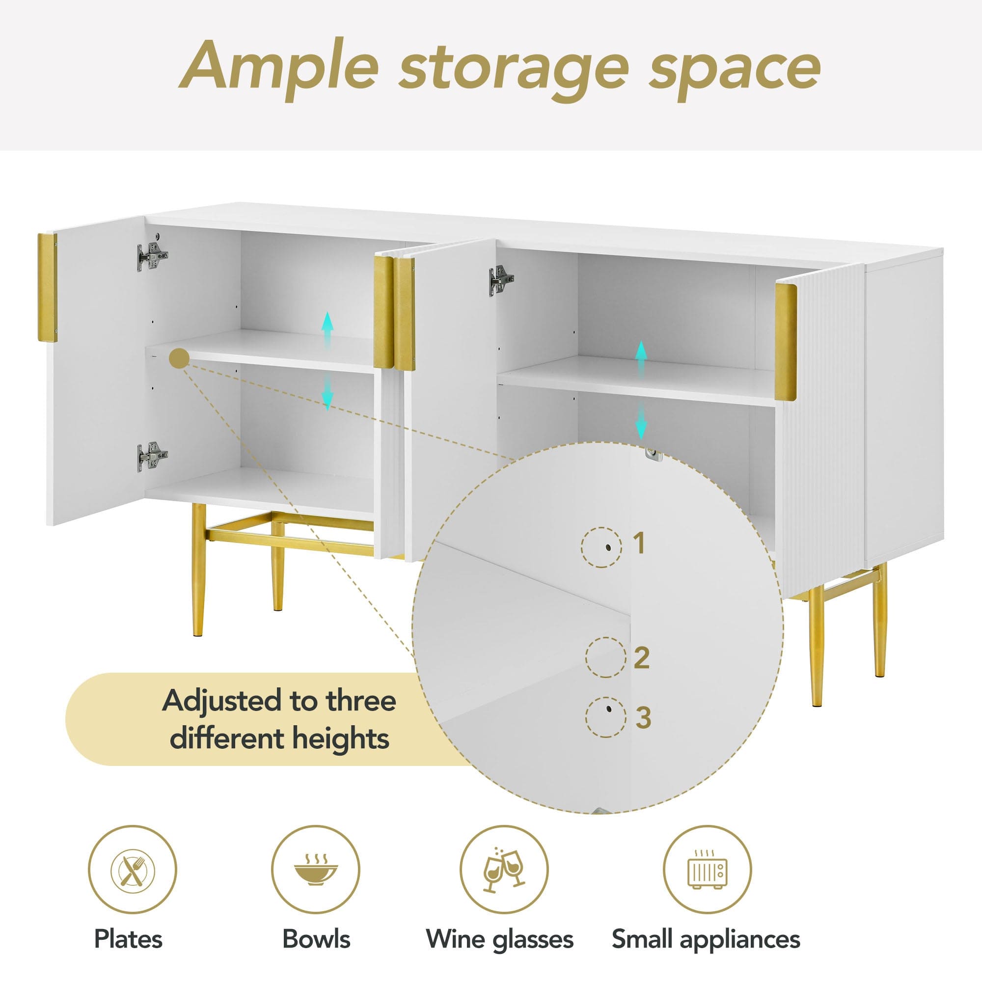 TREXM Modern Elegant 4-door Sideboard Gold Metal Handle Buffet Cabinet for Dining Room, Living Room, Bedroom, Hallway (White)