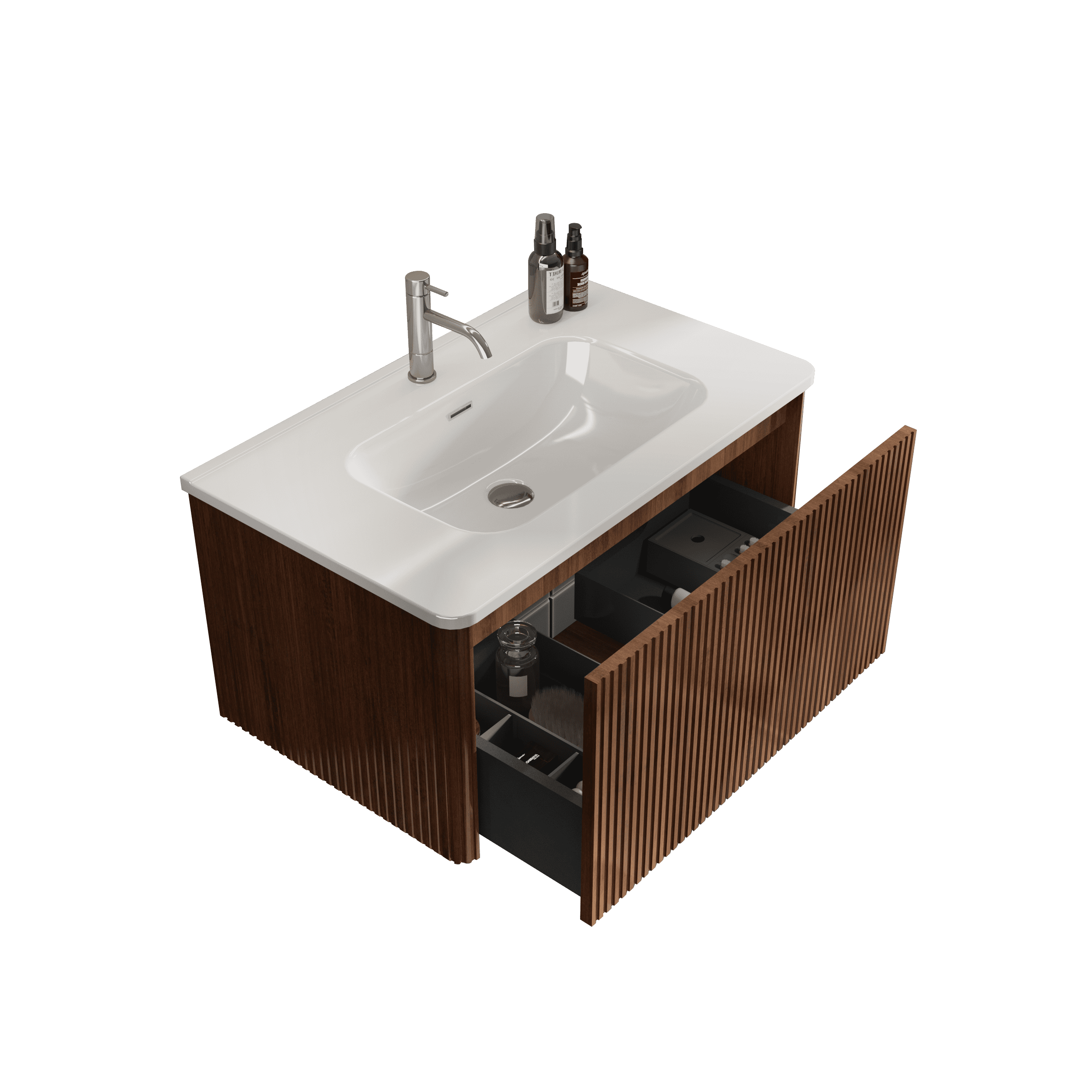 U047-Etna30W-305 Etna 30" Striped Walnut Bathroom Vanity with White Ceramic Sink, Wall Mounted Floating Bathroom Vanity for Modern Bathroom, One-Piece White Basin without Drain and Faucet