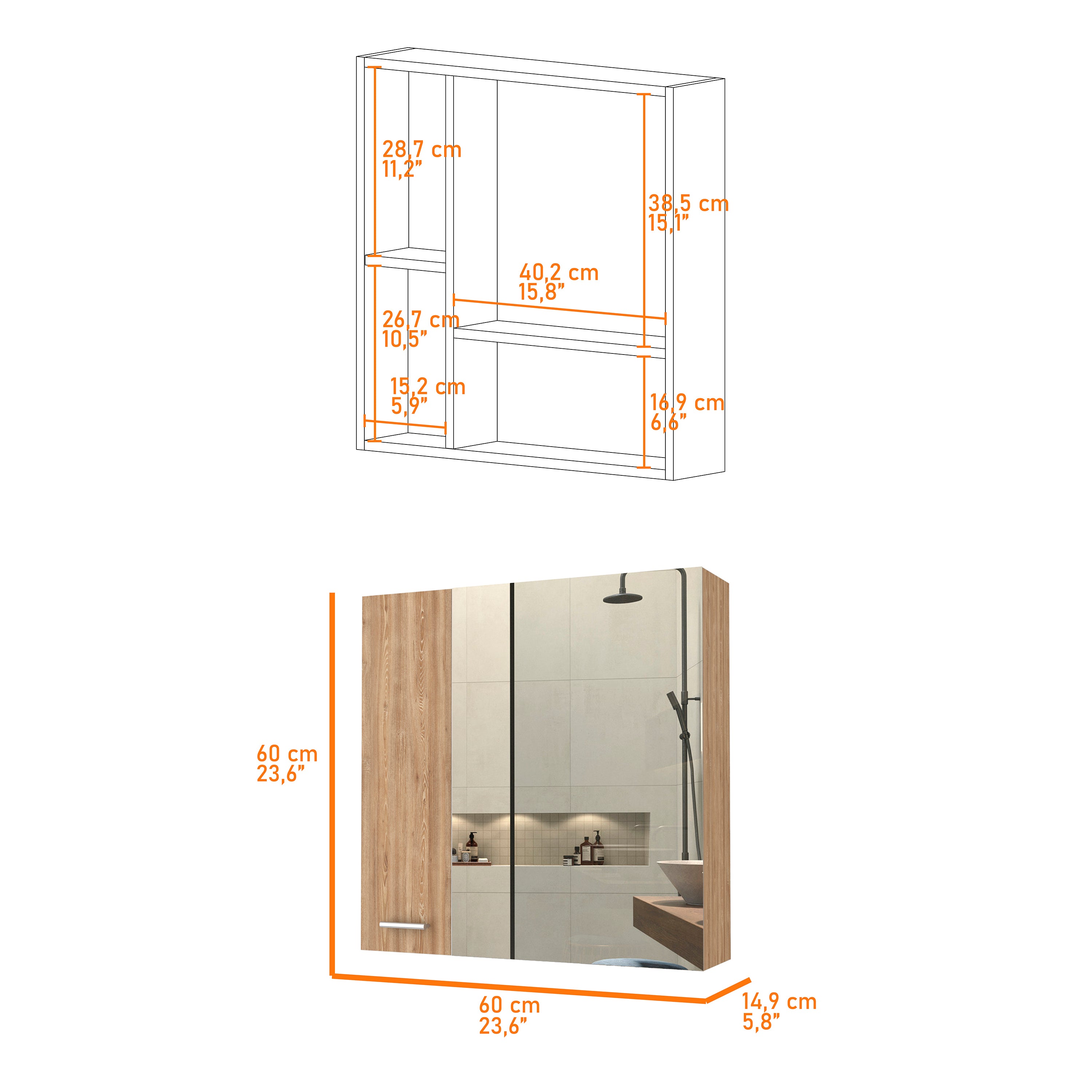 Medicine Cabinet Prague, Four Internal Shelves, Single Door, Pine Finish