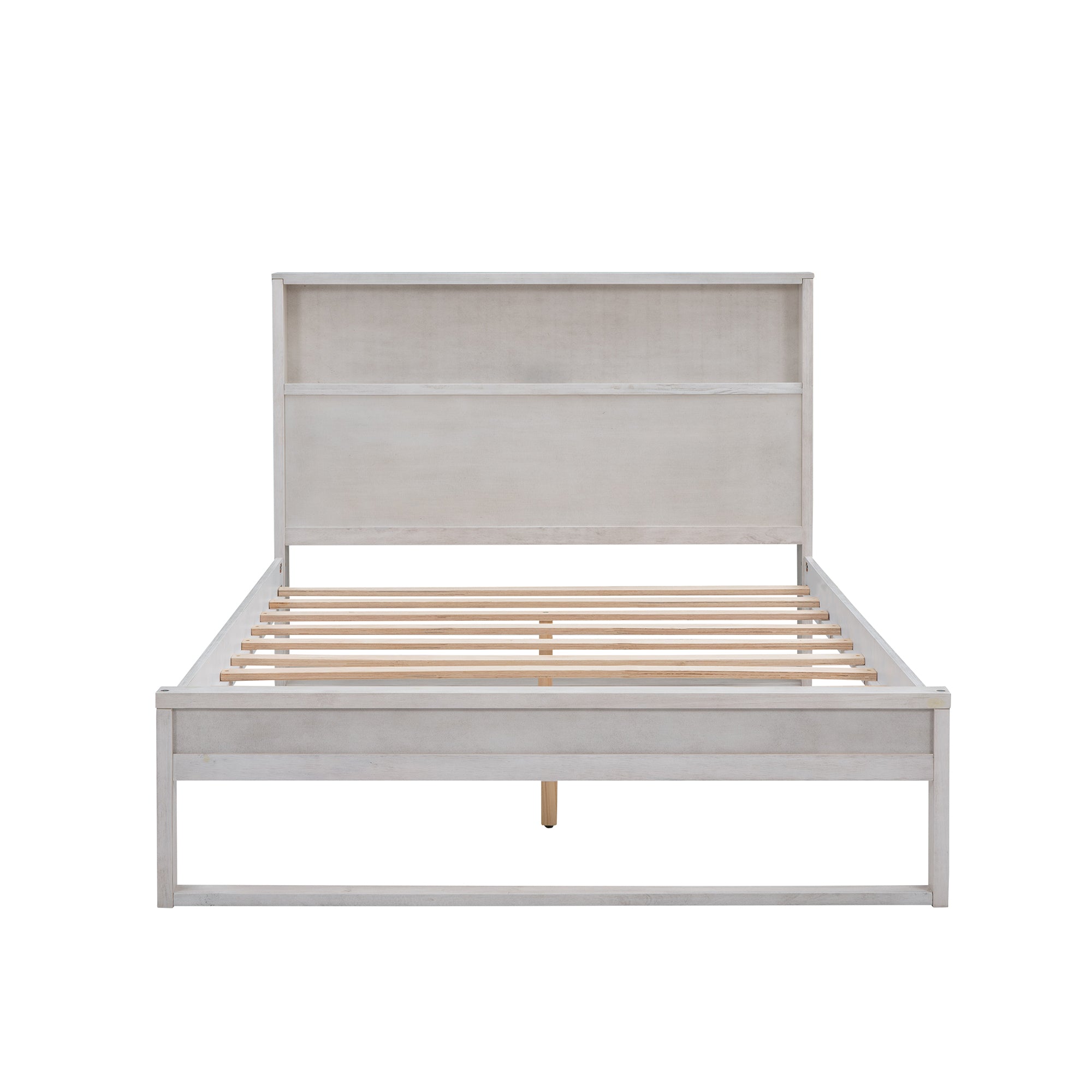 Platform Bed with Storage Headboard,Sockets and USB Ports,Full Size Platform Bed,Antique White