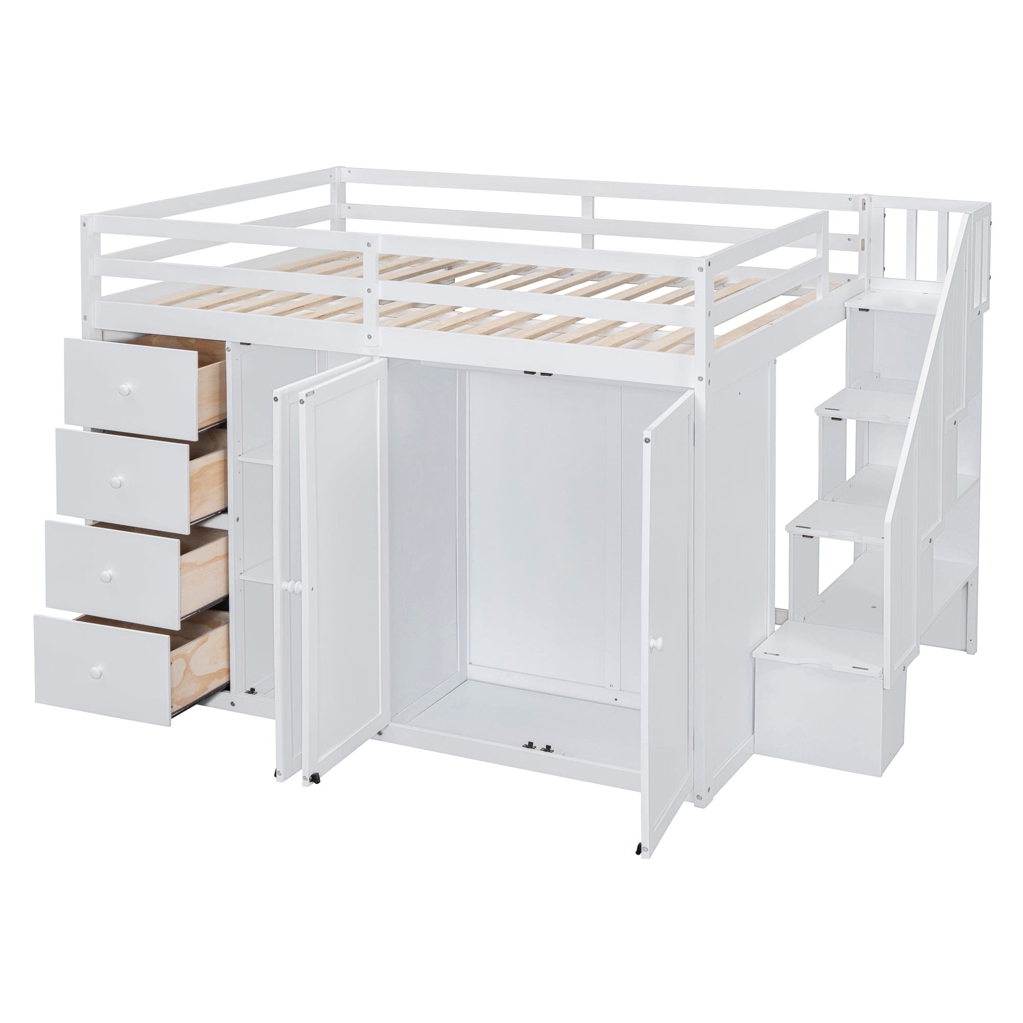 Full Size Wood Loft Bed With Built-in Wardrobes, Cabinets and Drawers, White