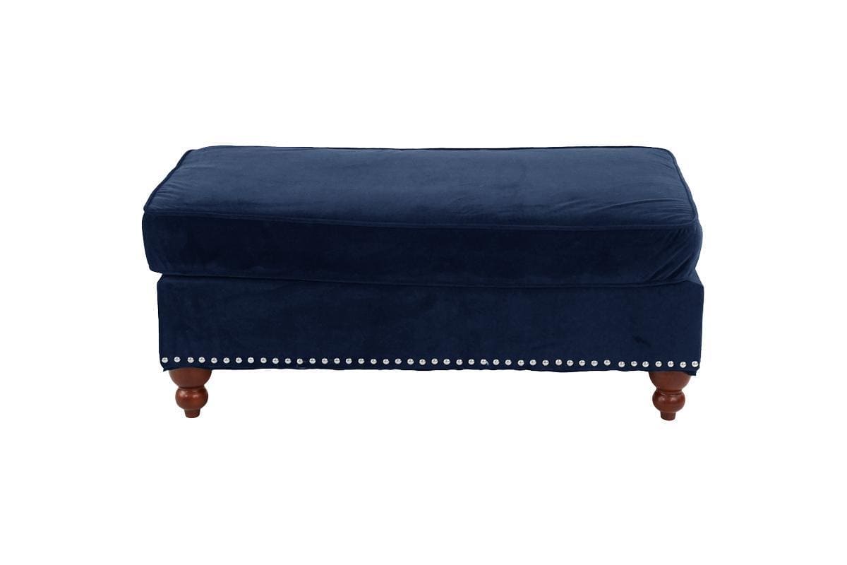 Living Room XL- Cocktail Ottoman Indigo Blue Velvet Accent Studding Trim Wooden Legs