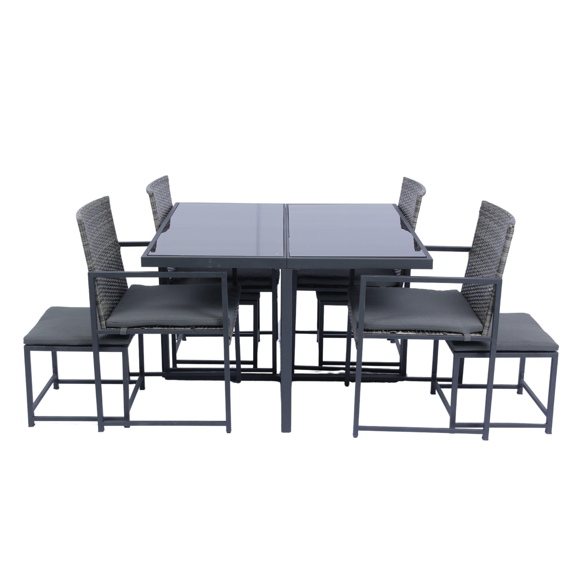 9 Pieces Patio Dining Sets Outdoor Space Saving Rattan Chairs with Glass Table Top Grey Wicker + Dark Grey Cushion