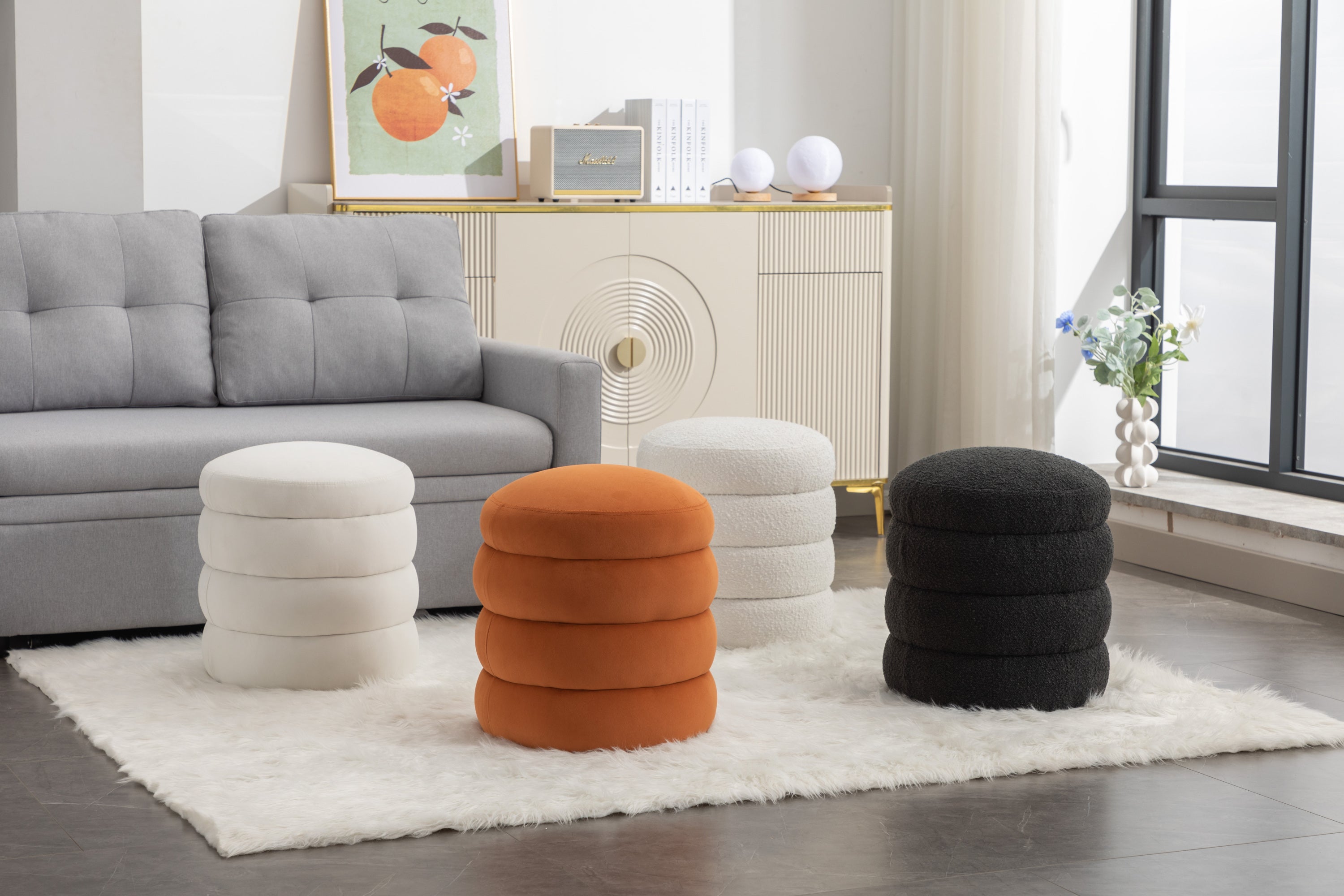 006-Soft Velvet  Round Ottoman Footrest Stool,Orange