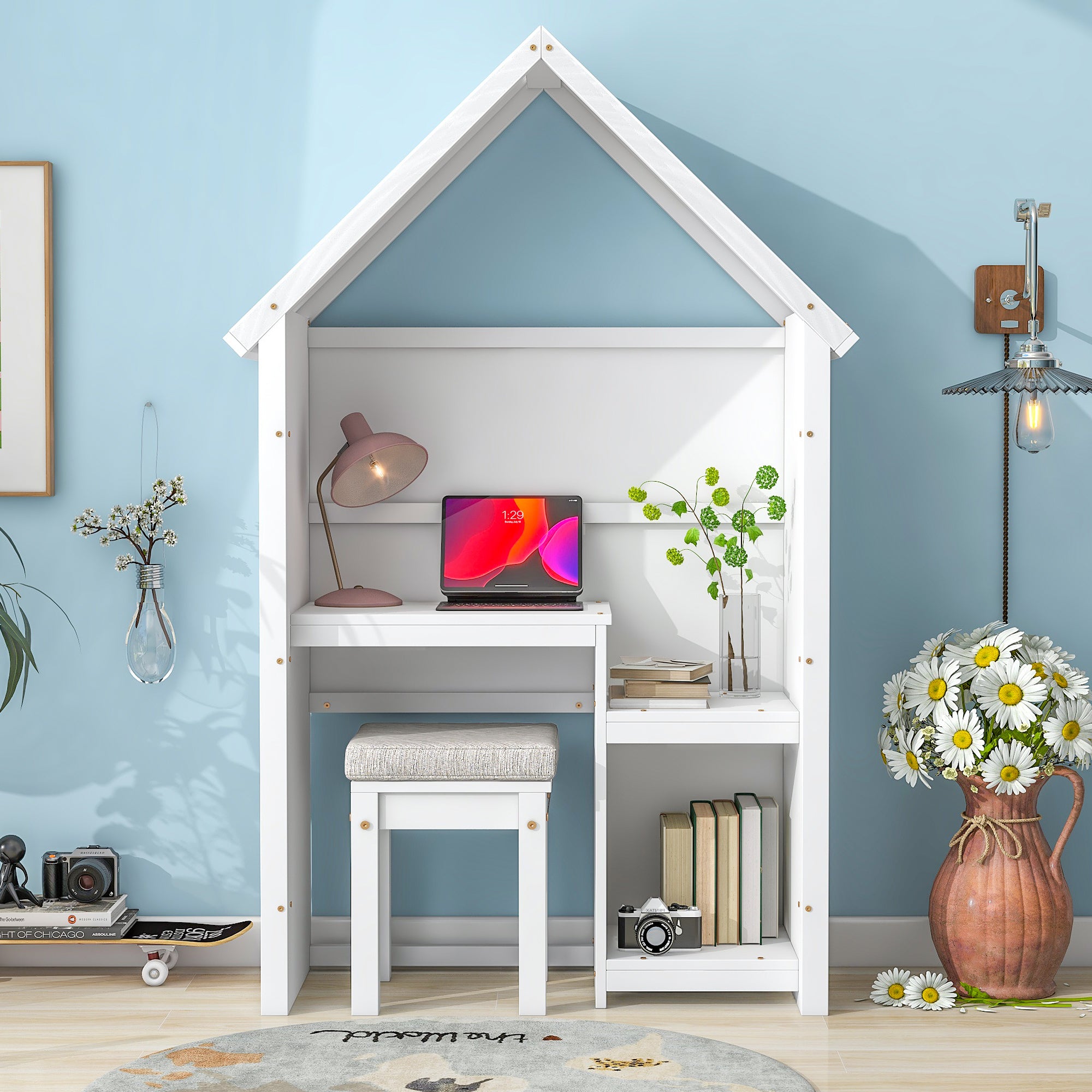 House-Shaped Desk with a cushion stool,White