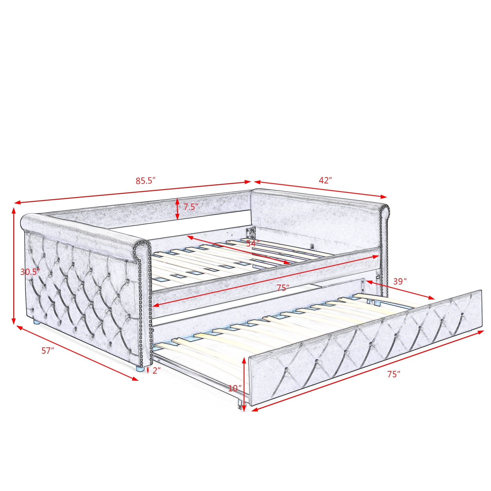 Daybed with Trundle Upholstered Tufted Sofa Bed, with Button and Copper Nail on Arms,Full Daybed & Twin Trundle, Grey(85.5"x57"x30.5")