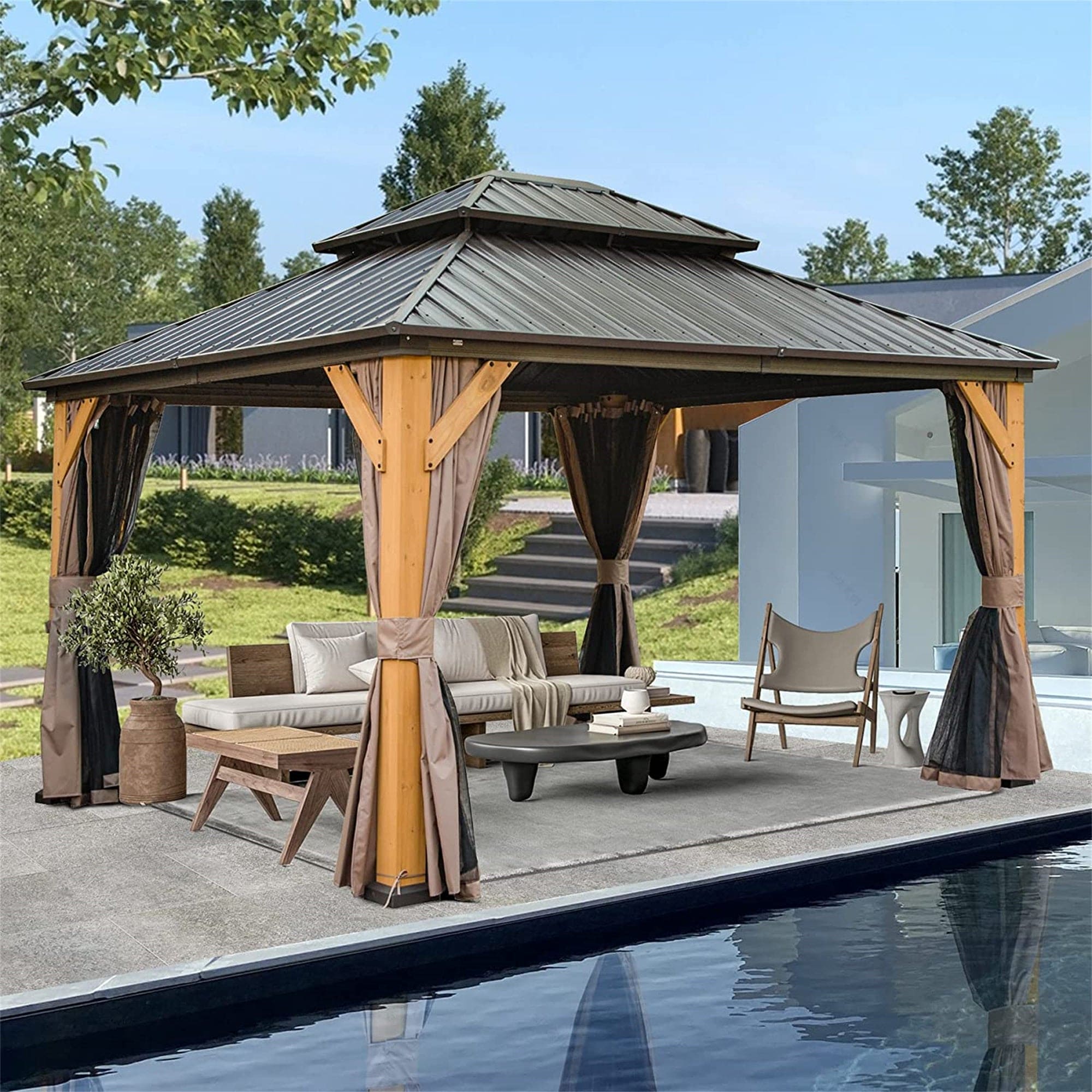 12'x14' Hardtop Gazebo, Outdoor Cedar Wood Frame Canopy with Galvanized Steel Double Roof, Outdoor Permanent Metal Pavilion with Curtains and Netting for Patio, Backyard and Lawn(Brown)