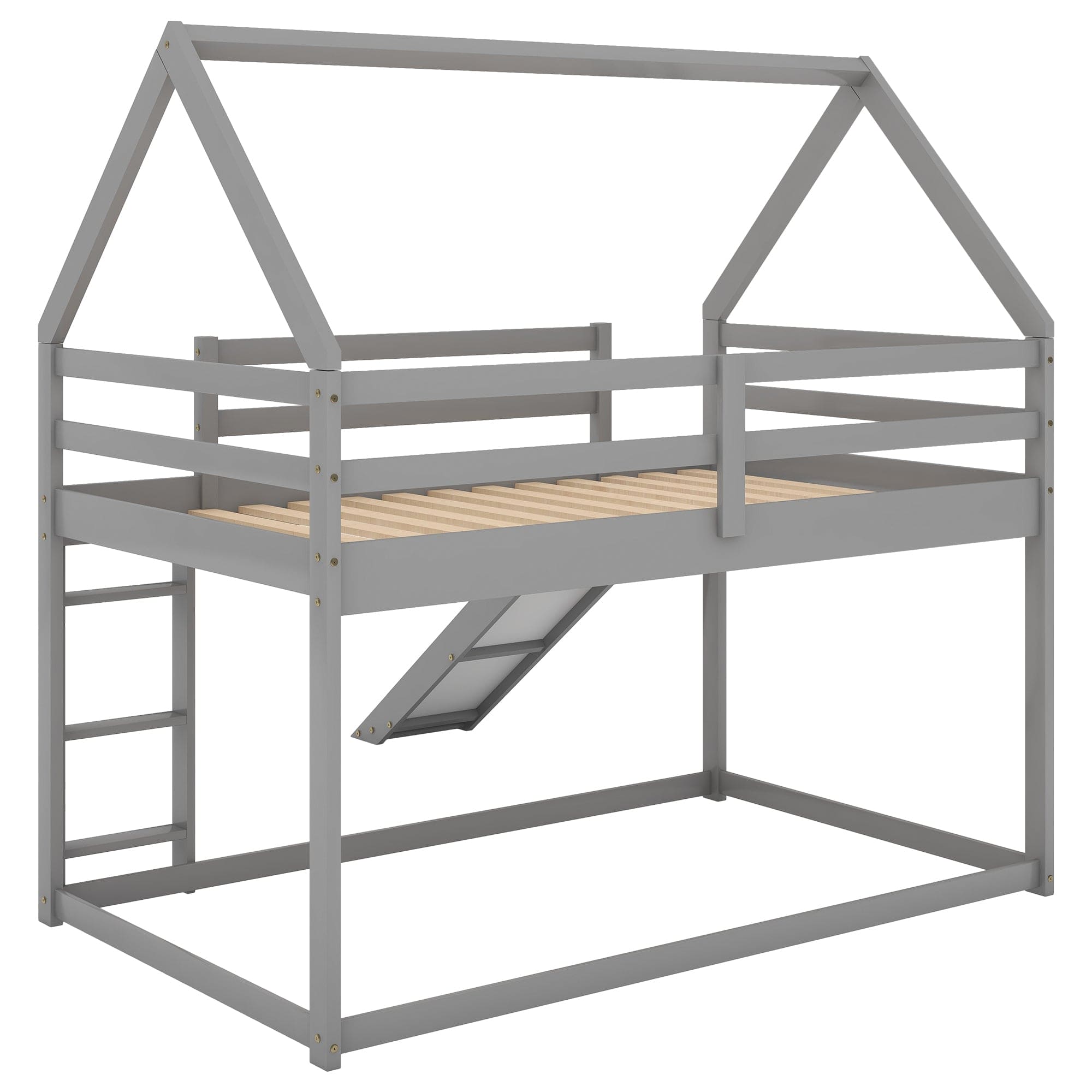 Twin Size Bunk House Bed with Slide and Ladder,Gray