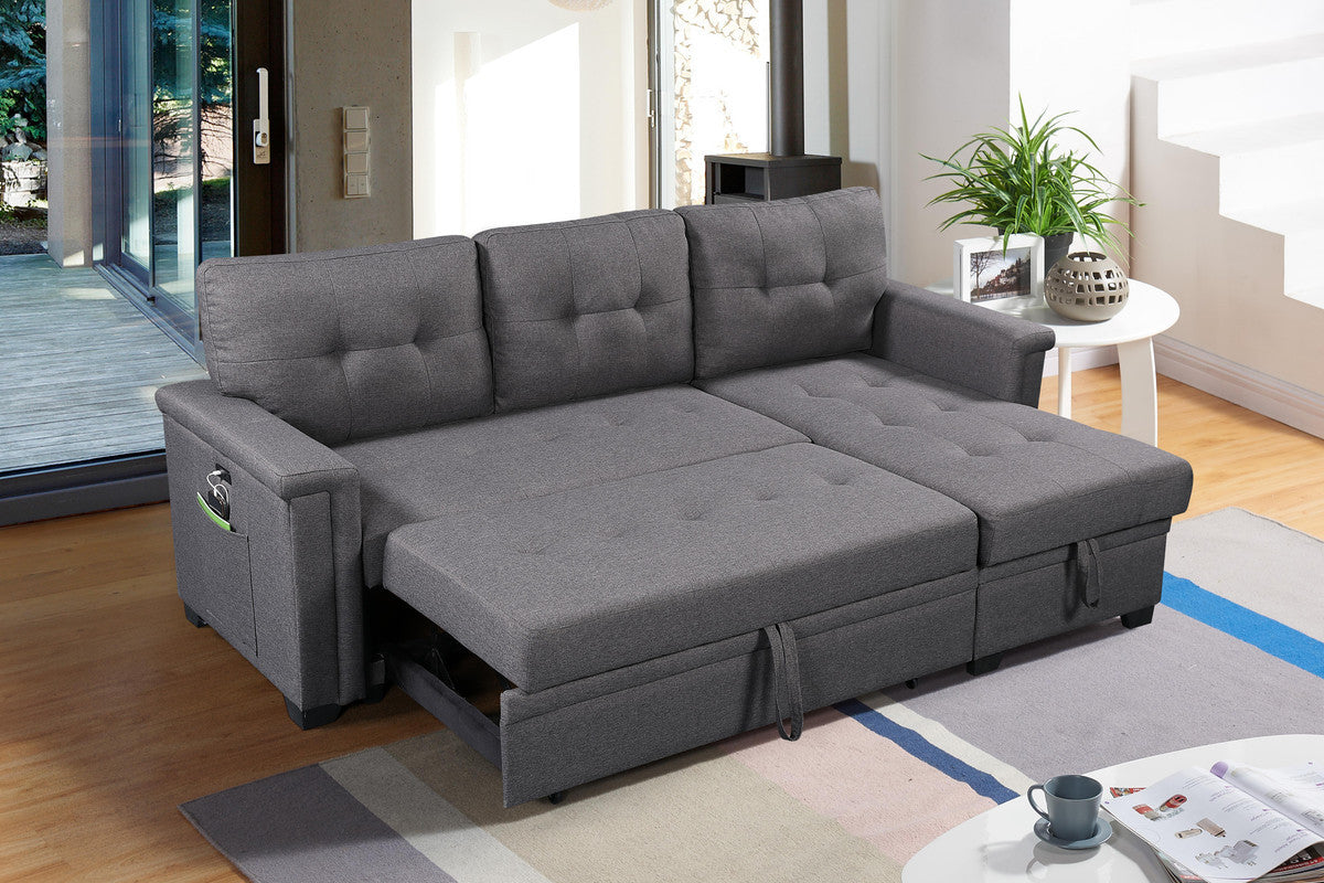 Ashlyn Dark Gray Reversible Sleeper Sectional Sofa with Storage Chaise, USB Charging Ports and Pocket