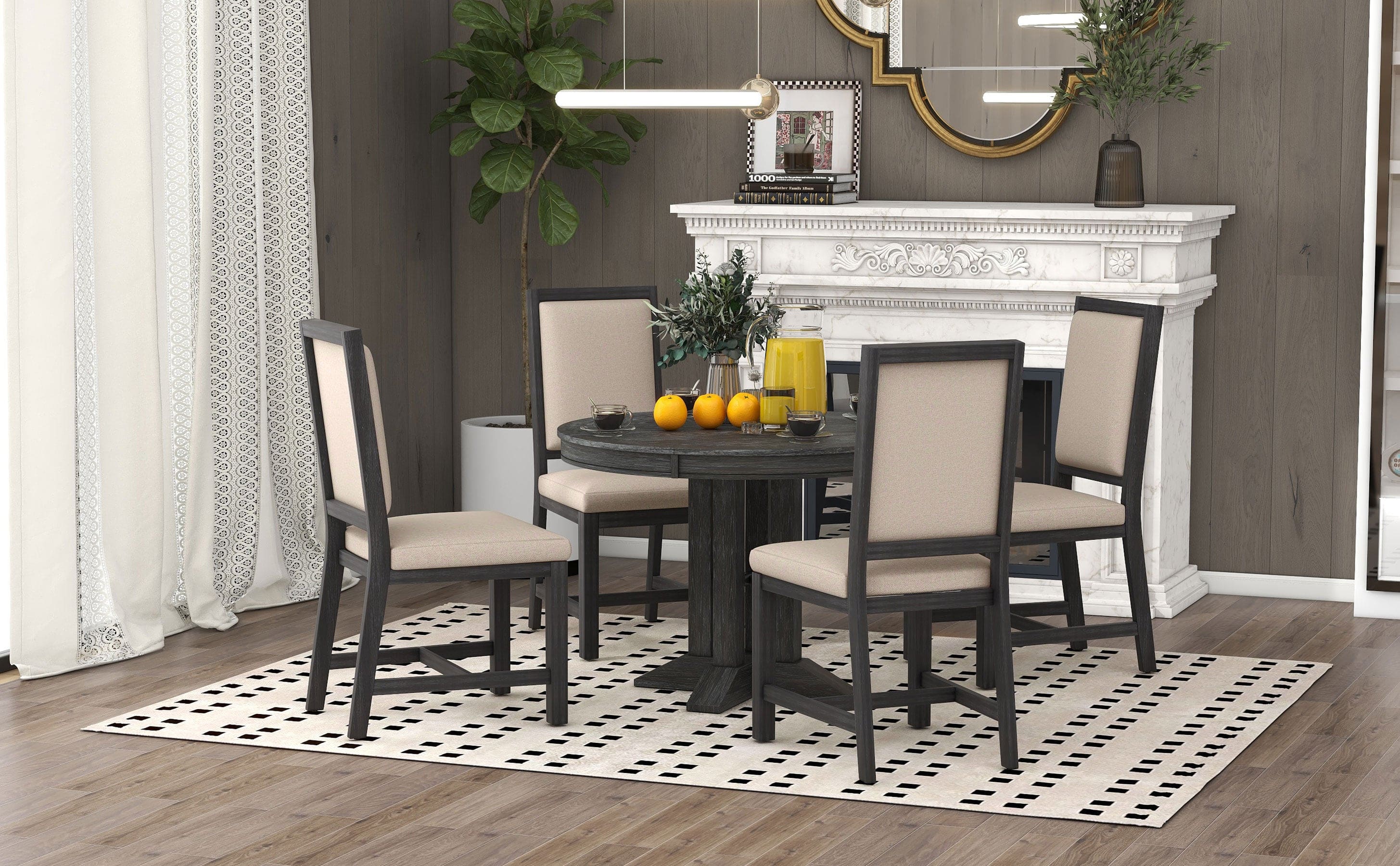 TREXM 5-Piece Dining Set Extendable Round Table and 4 Upholstered Chairs Farmhouse Dining Set for Kitchen, Dining Room(Black)