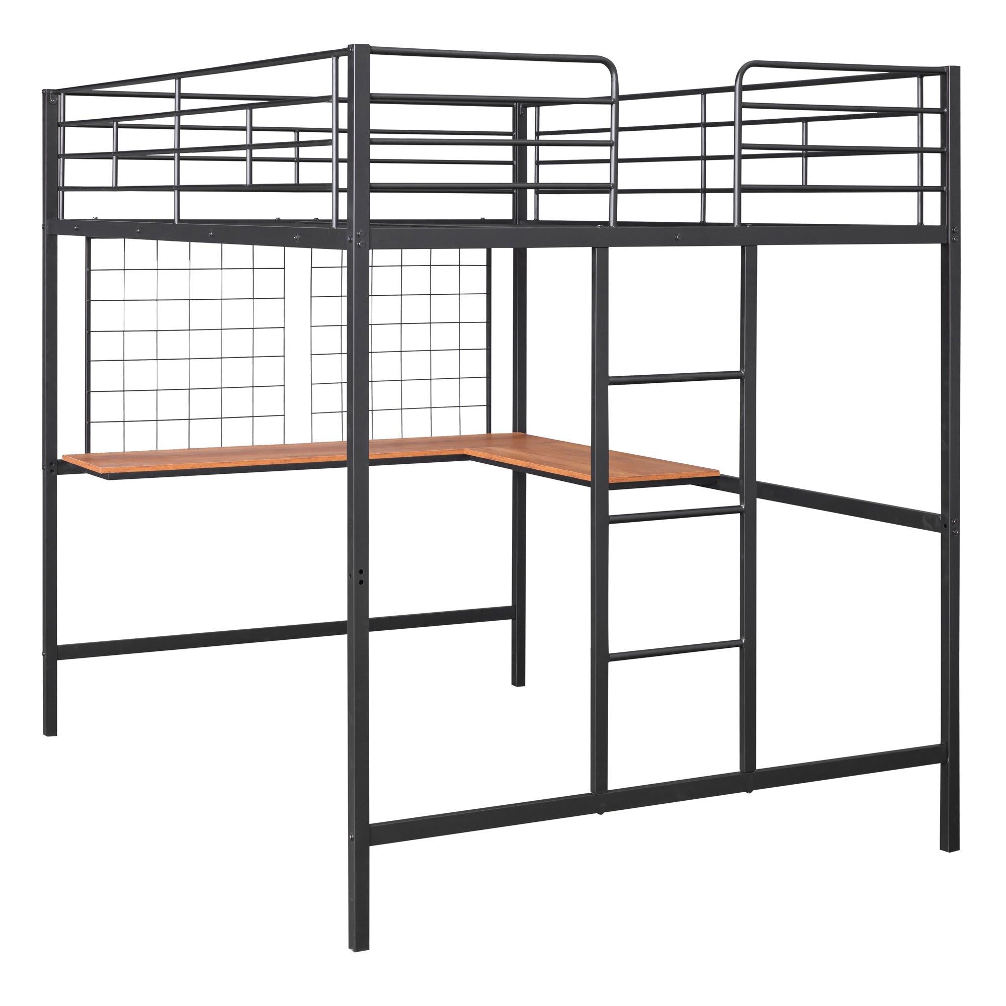 Full Metal Loft Bed with Desk and Metal Grid, Black