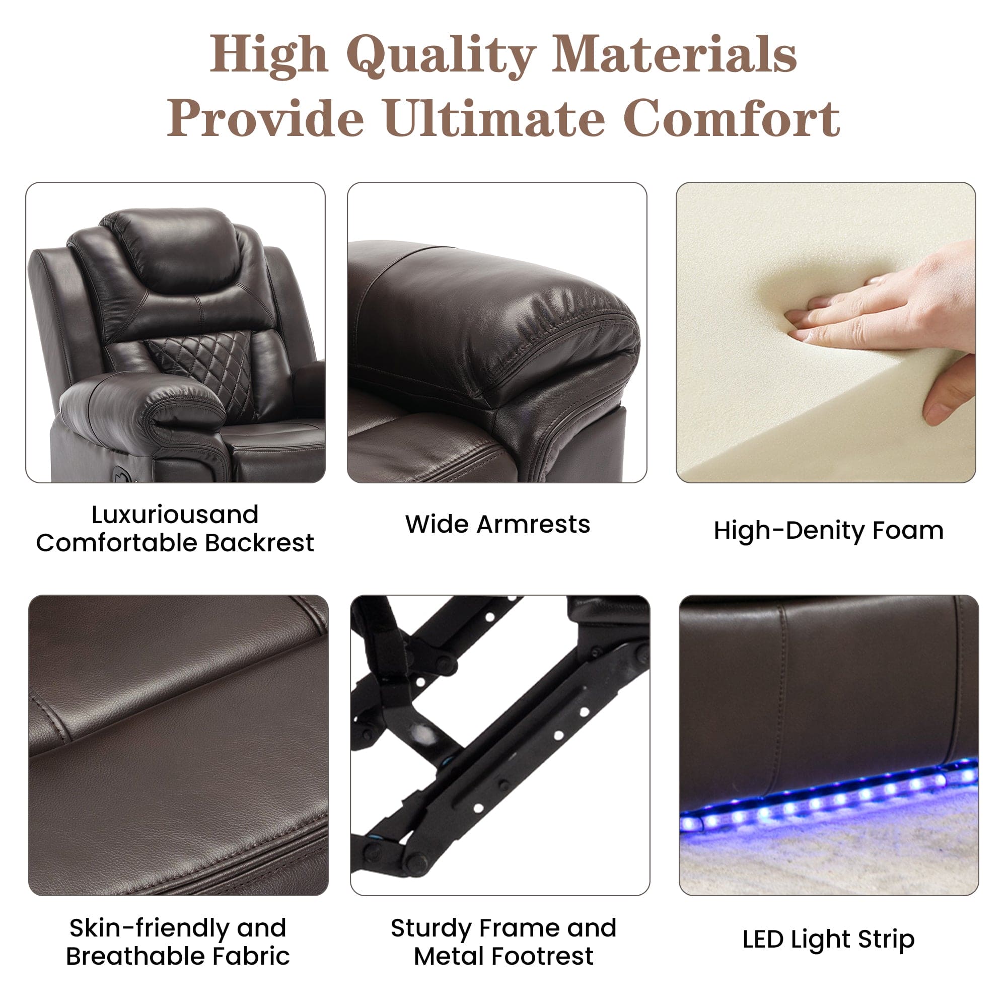 Home Theater Seating Manual Recliner Loveseat with Hide-Away Storage, Cup Holders and LED Light Strip for Living Room, Brown