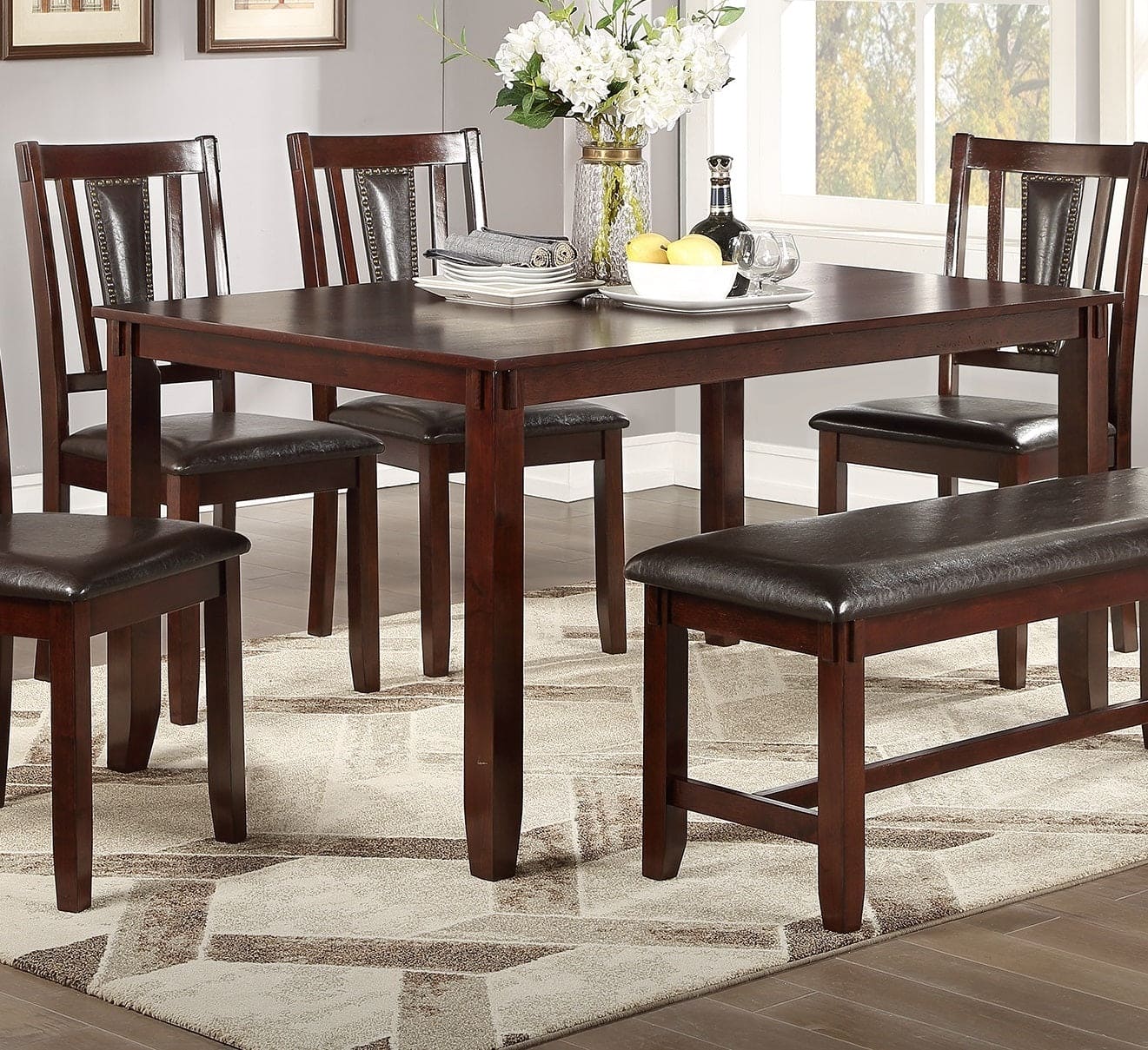 Dining Room Furniture Espresso Color 6pc Set Dining Table 4x Side Chairs and A Bench Solid wood Rubberwood and veneers