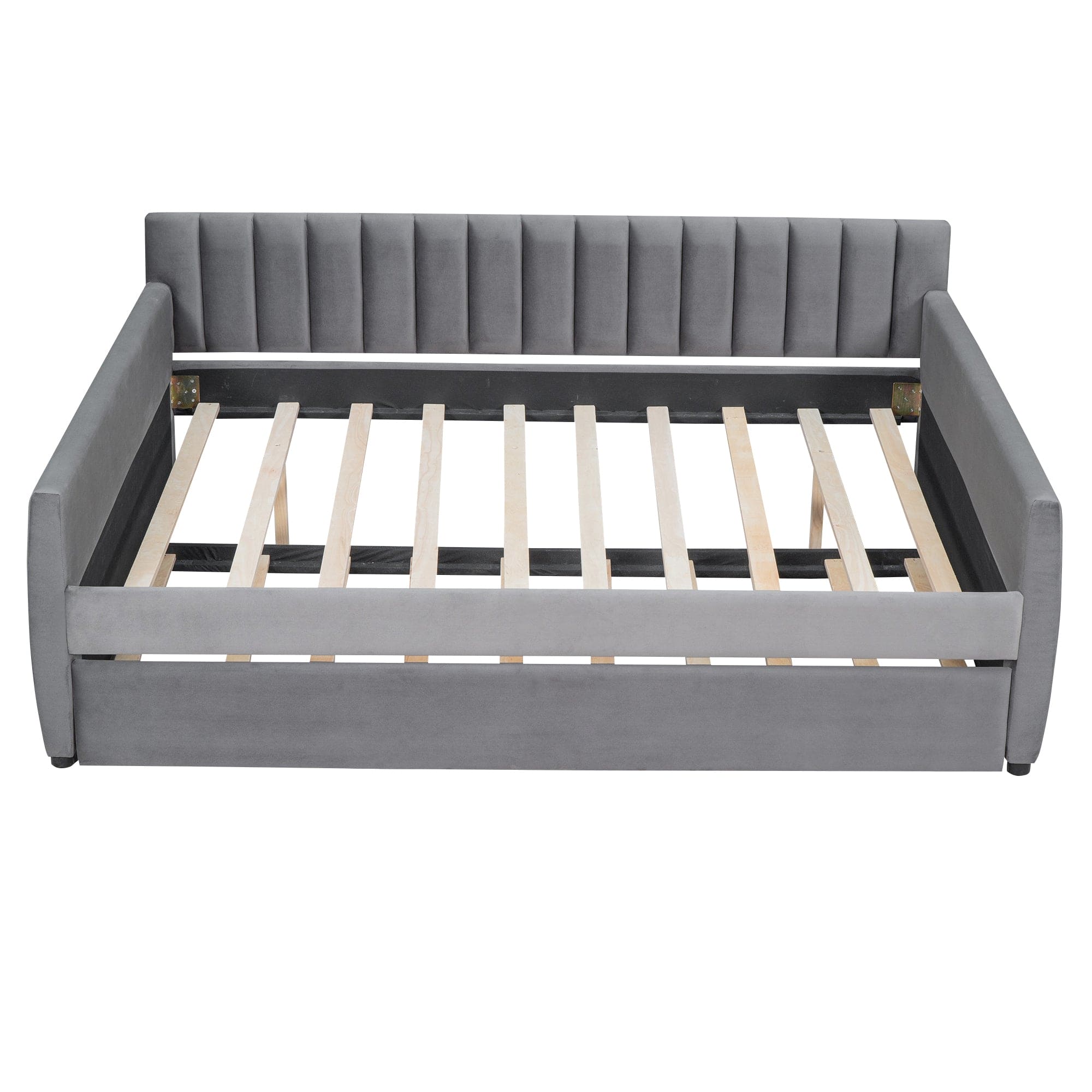 Full Size Upholstered daybed with Trundle and Wood Slat Support, Gray