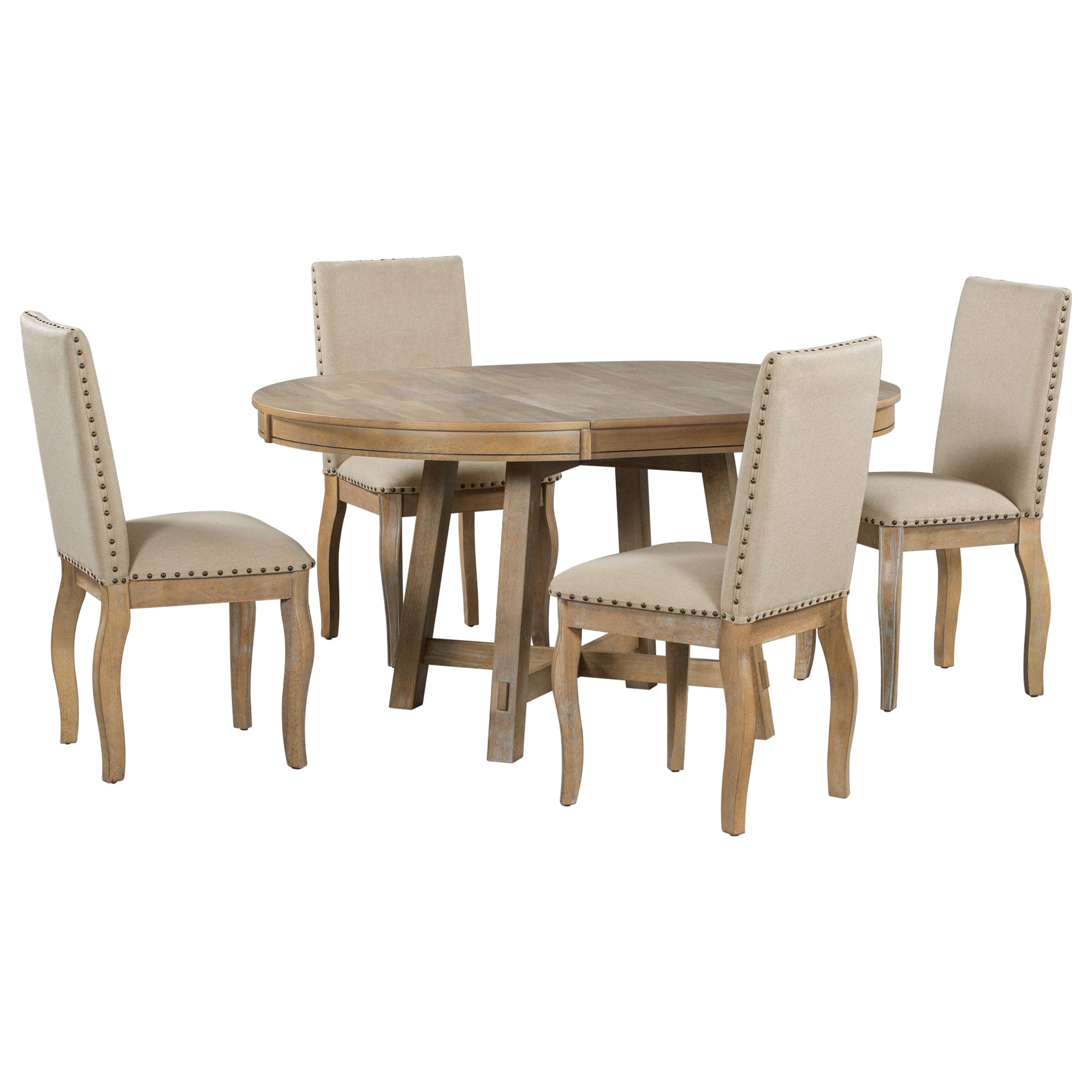 TREXM 5-Piece Farmhouse Dining Table Set Wood Round Extendable Dining Table and 4 Upholstered Dining Chairs (Natural Wood Wash)