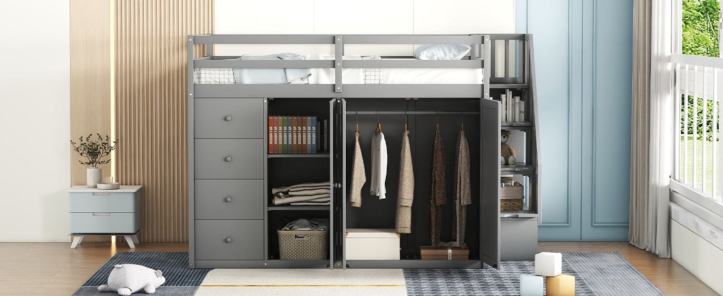 Full Size Wood Loft Bed With Built-in Wardrobes, Cabinets and Drawers, Gray