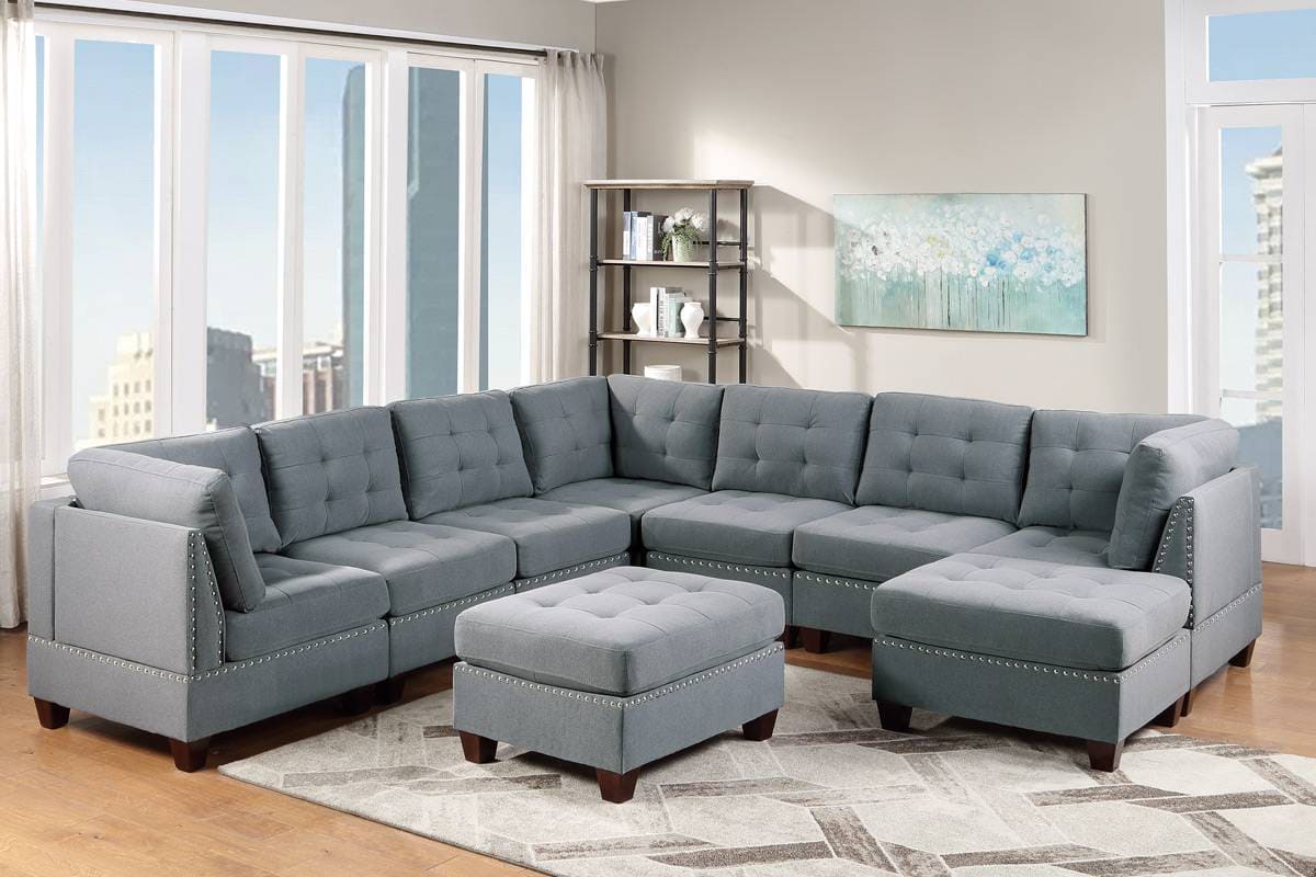 Modular Sectional 9pc Set Living Room Furniture Corner Sectional Tufted Nail heads Couch Gray Linen Like Fabric 3x Corner Wedge 4x Armless Chairs and 2x Ottomans