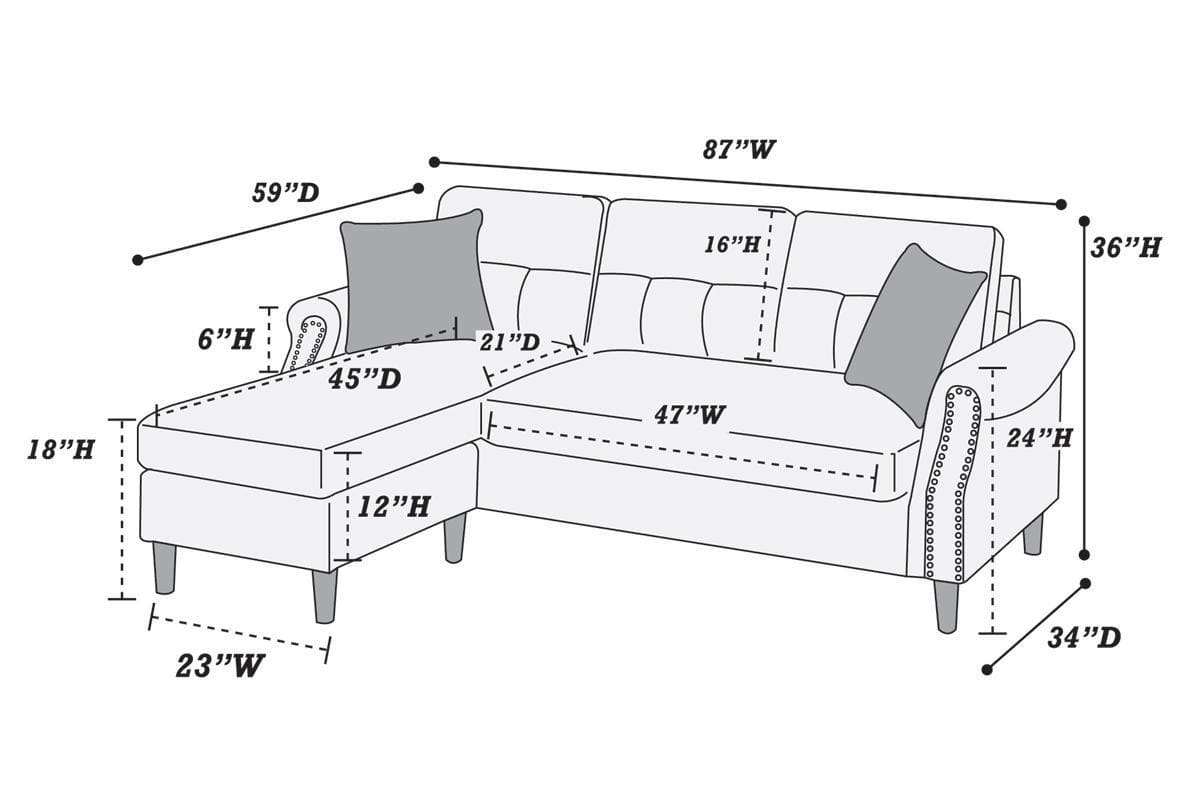 Slate Color Polyfiber Reversible Sectional Sofa Set Chaise Pillows Plush Cushion Couch Nailheads