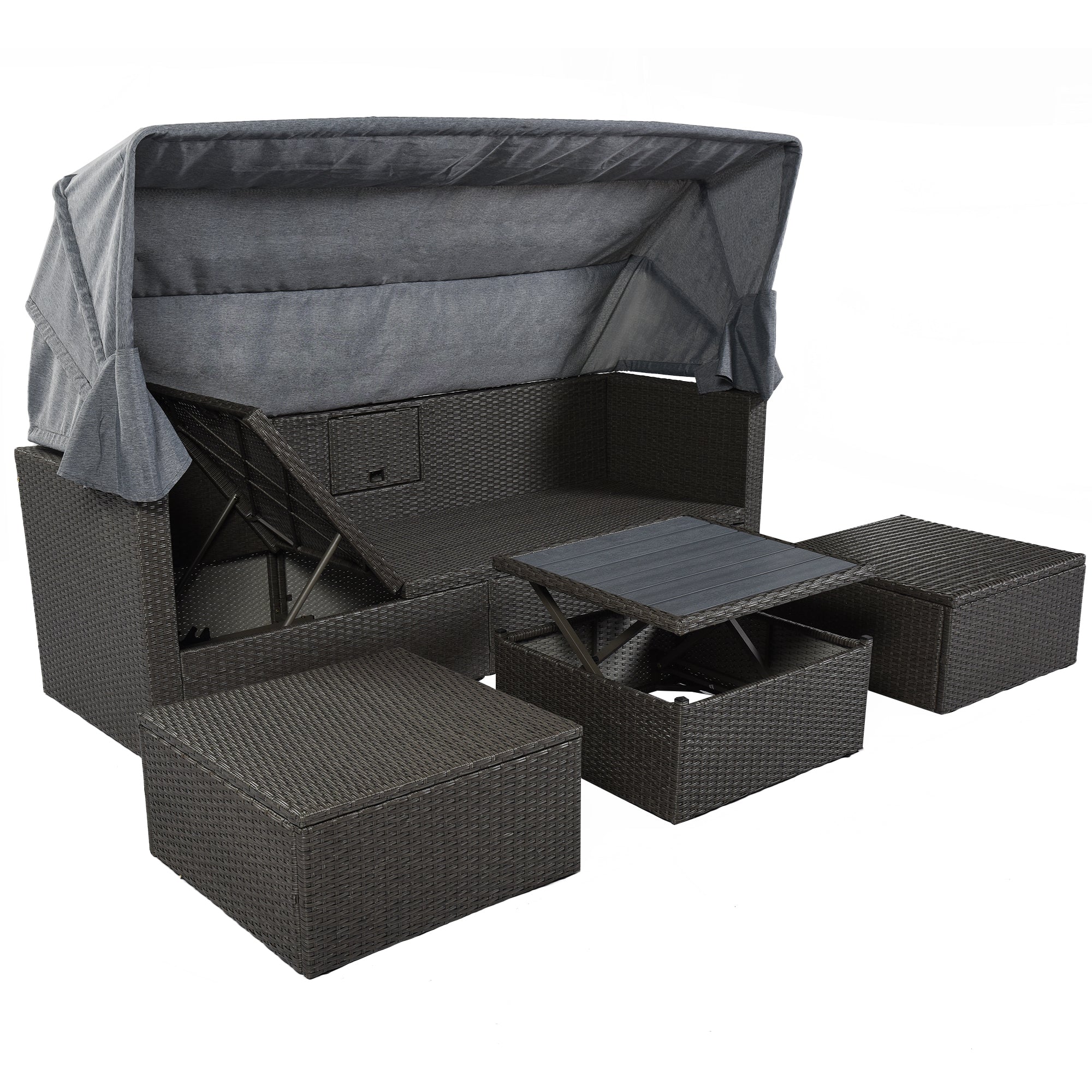 U_Style Outdoor Patio Rectangle Daybed with Retractable Canopy,  Wicker Furniture Sectional Seating with Washable Cushions, Backyard, Porch(As same as WY000263AAE)