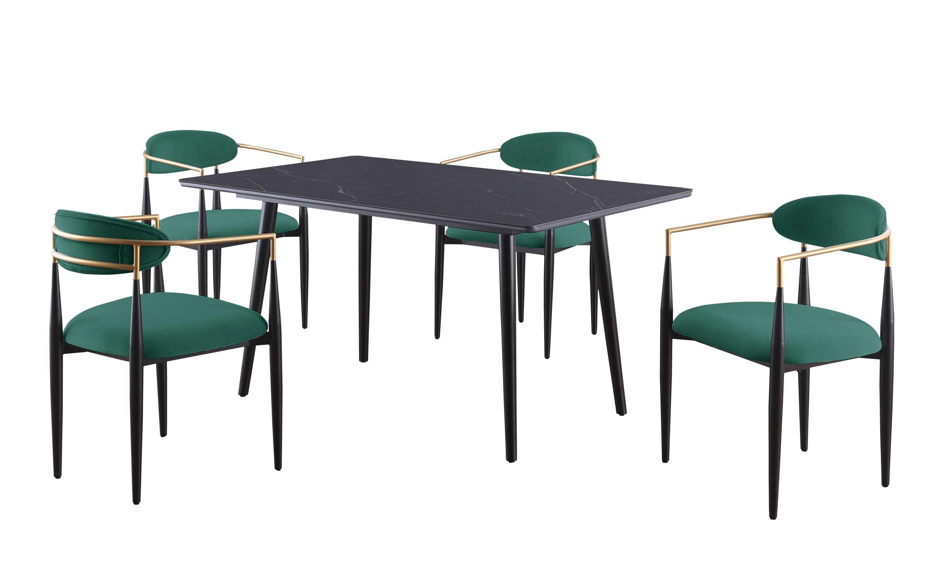 Modern Contemporary 5pc Dining Set Black Sintered Stone Table and Green Chairs Fabric Upholstered Stylish Furniture