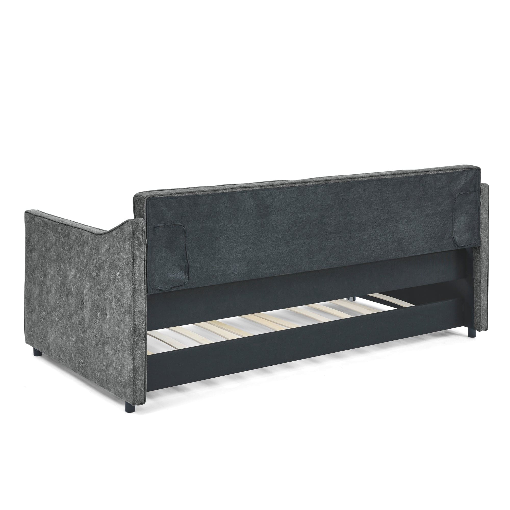 Twin Size Daybed with Twin Size Trundle Upholstered Tufted Sofa Bed,  Waved Shape Arms, Grey (80.5"x44.5"x33.5")