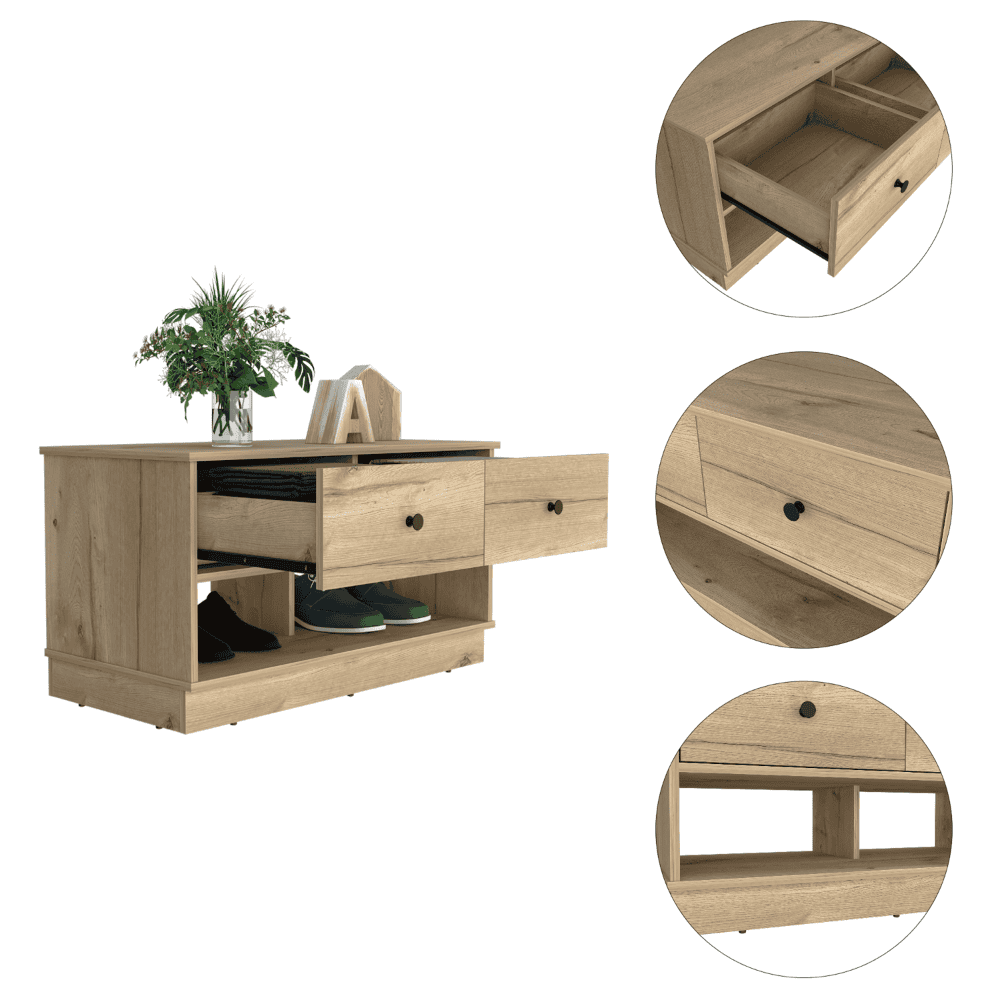 Hamilton Storage Bench, Two Open Shelves, Two Drawers -Light Oak