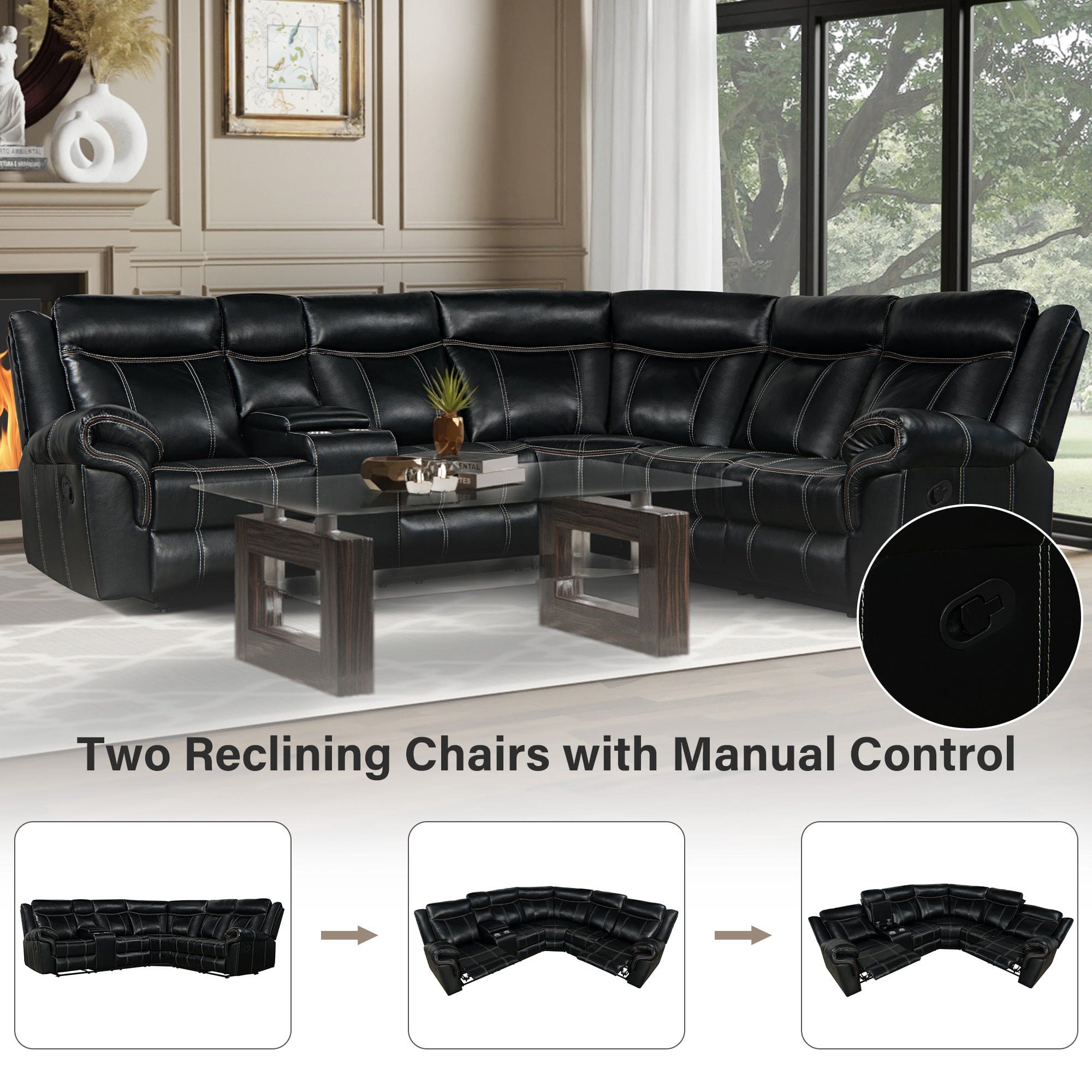 Home Theater Seating Manual Recliner with Cup Holder, Hide-Away Storage, 2 USB Ports and 2 Power Sockets for Living Room, Home Theater, Black