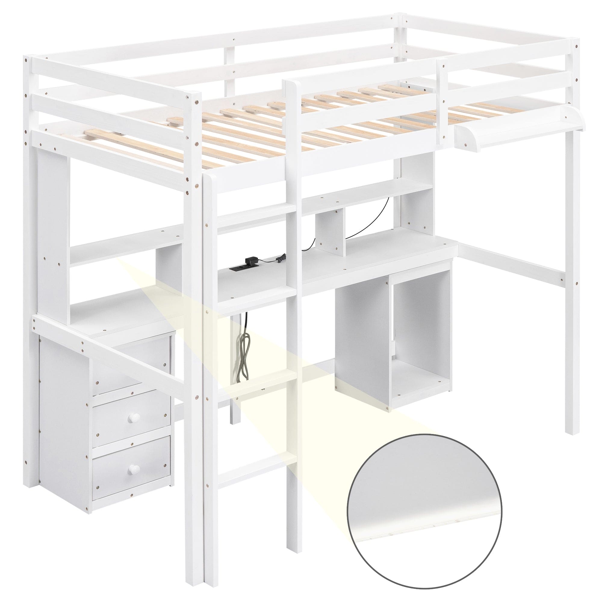 Twin Size Loft Bed with Multi-storage Desk, LED light and Bedside Tray, Charging Station, White