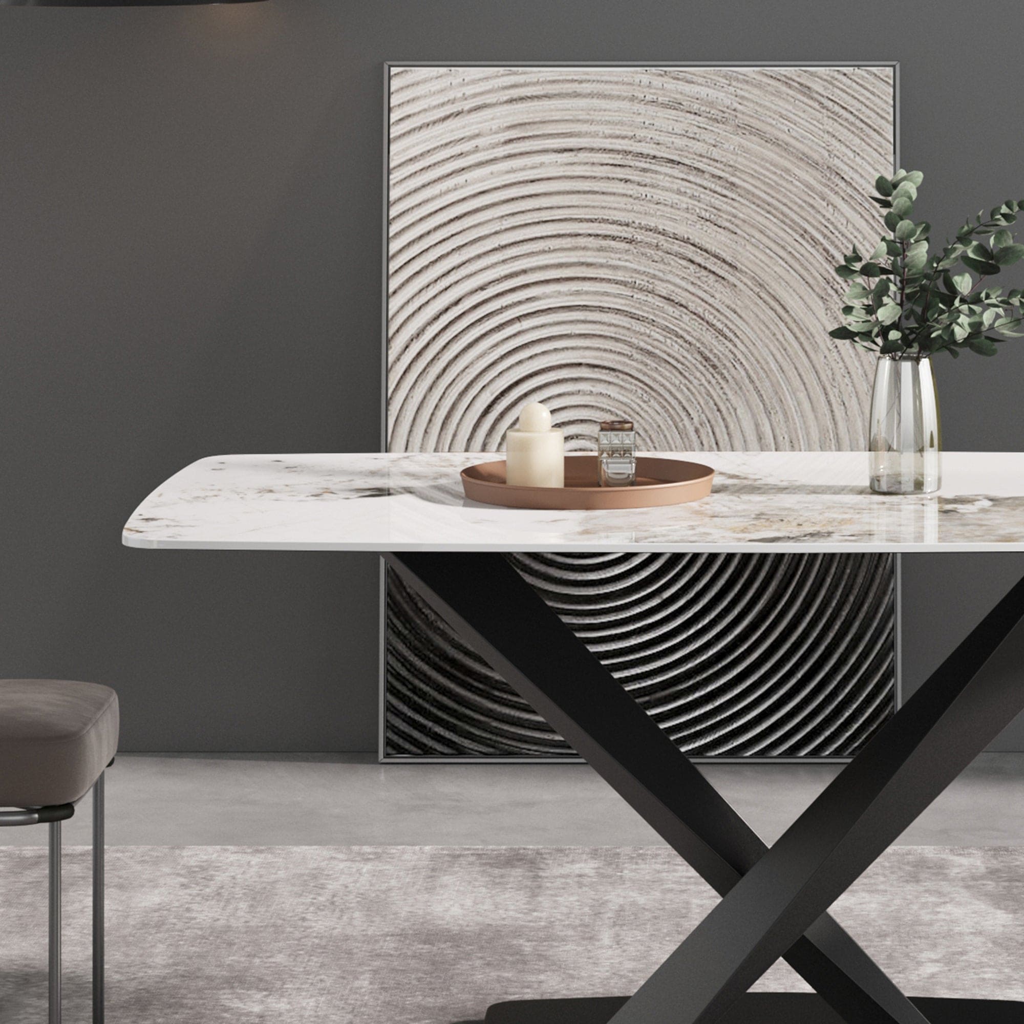 70.87"Modern artificial stone Pandora white curved black metal leg dining table-can accommodate 6-8 people