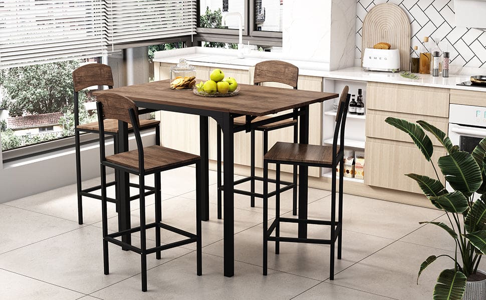 TOPMAX Farmhouse 5-piece Counter Height Drop Leaf Dining Table Set with Dining Chairs for 4,Black Frame+Brown Tabletop