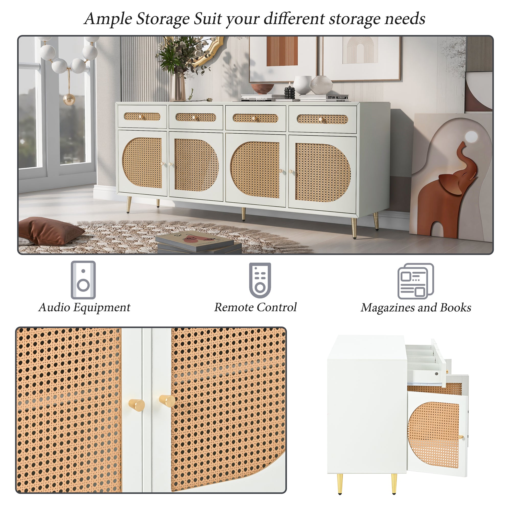 U-Can TV Stand with Rattan Door,Woven Media Console Table with Adjustable Shelves for TVs up to 65",Storage Sideboard Cabinet for Living Room