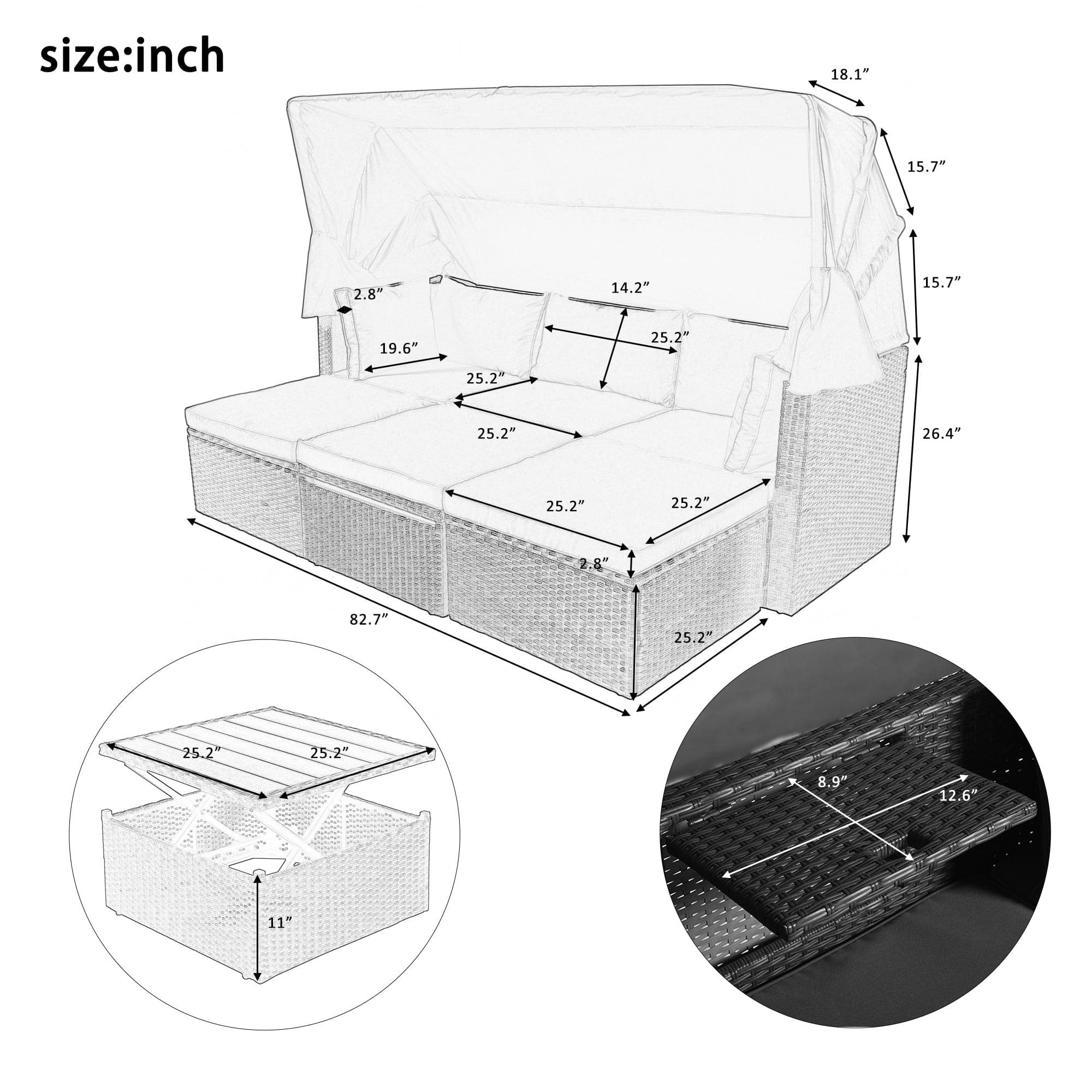 U_Style Outdoor Patio Rectangle Daybed with Retractable Canopy,  Wicker Furniture Sectional Seating with Washable Cushions, Backyard, Porch(As same as WY000263AAE)