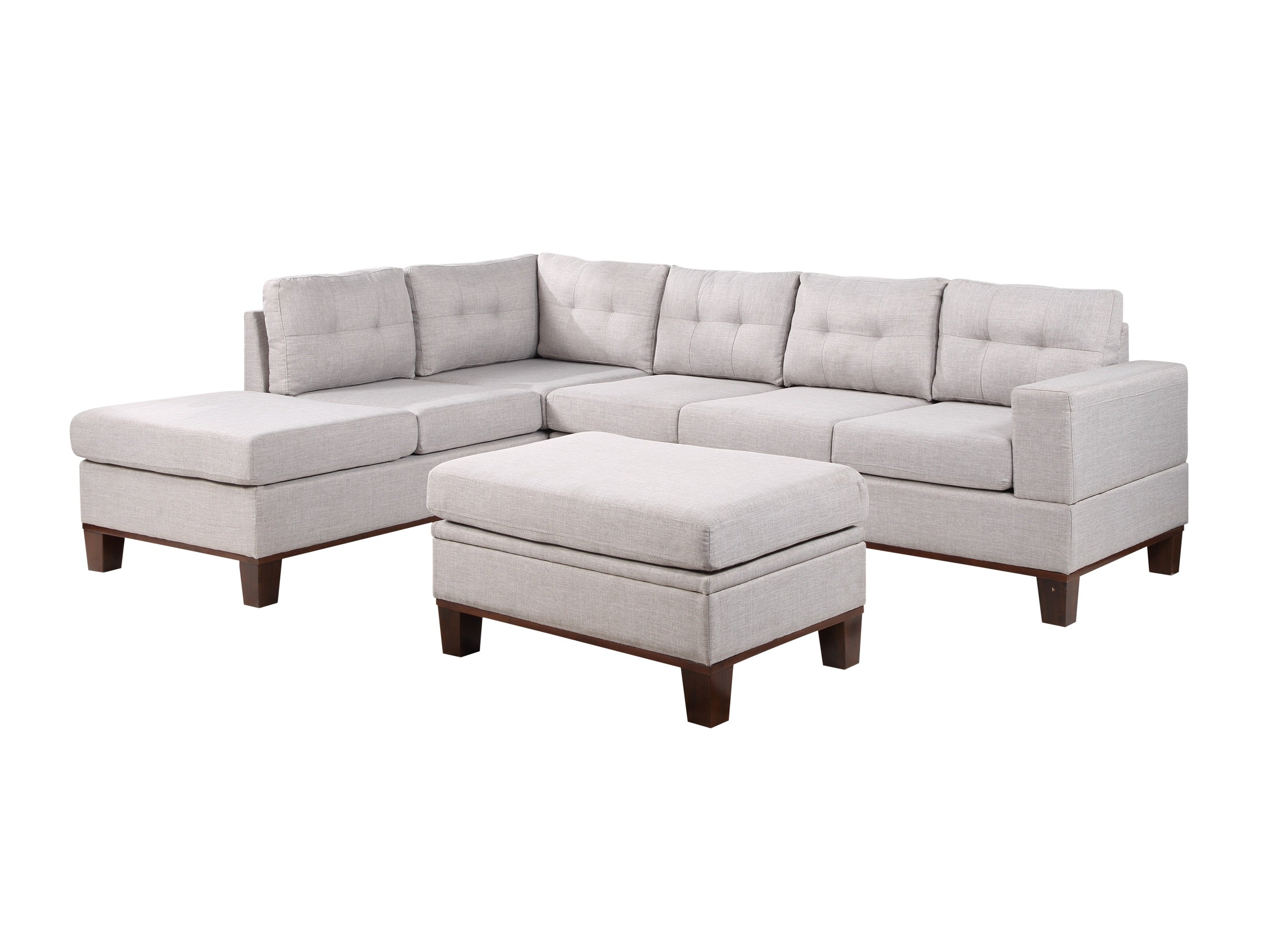 Hilo Light Gray Fabric Reversible Sectional Sofa with Dropdown Armrest, Cupholder, and Storage Ottoman