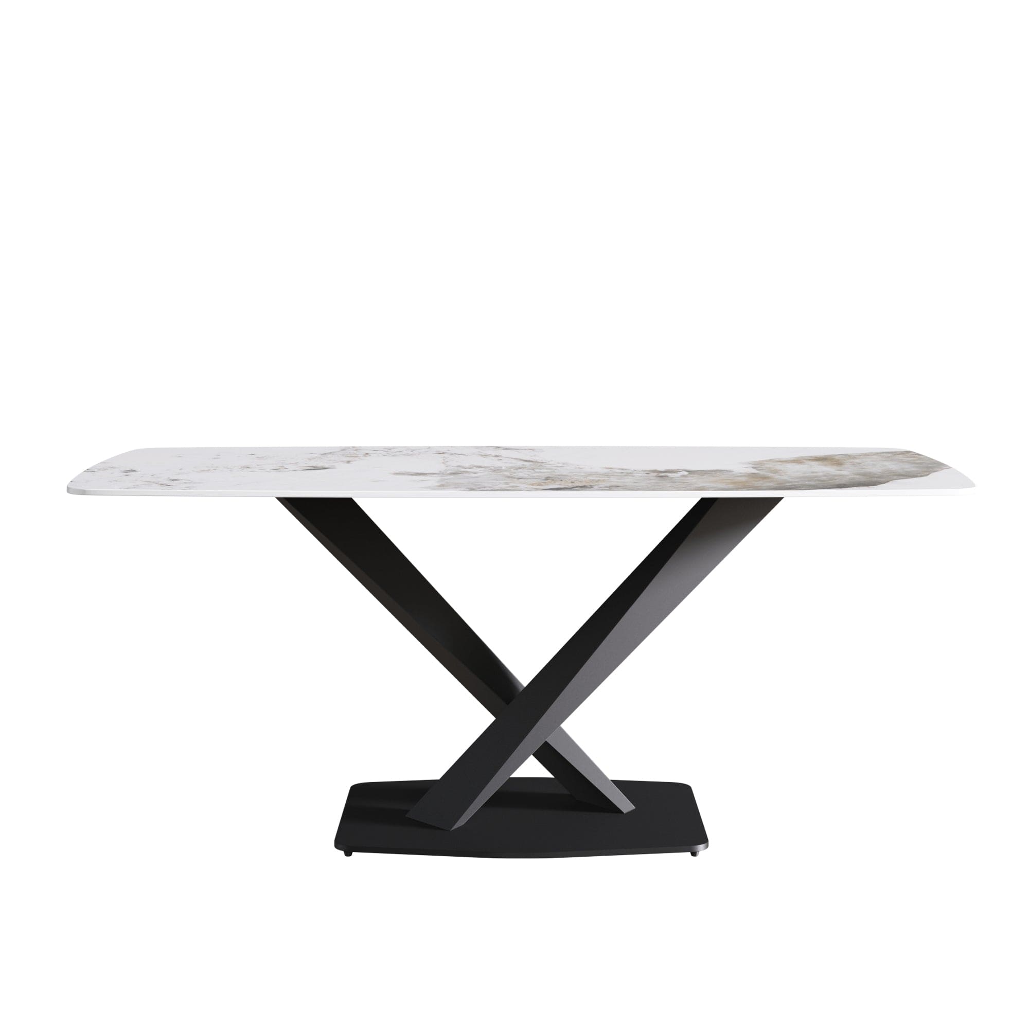 70.87"Modern artificial stone Pandora white curved black metal leg dining table-can accommodate 6-8 people