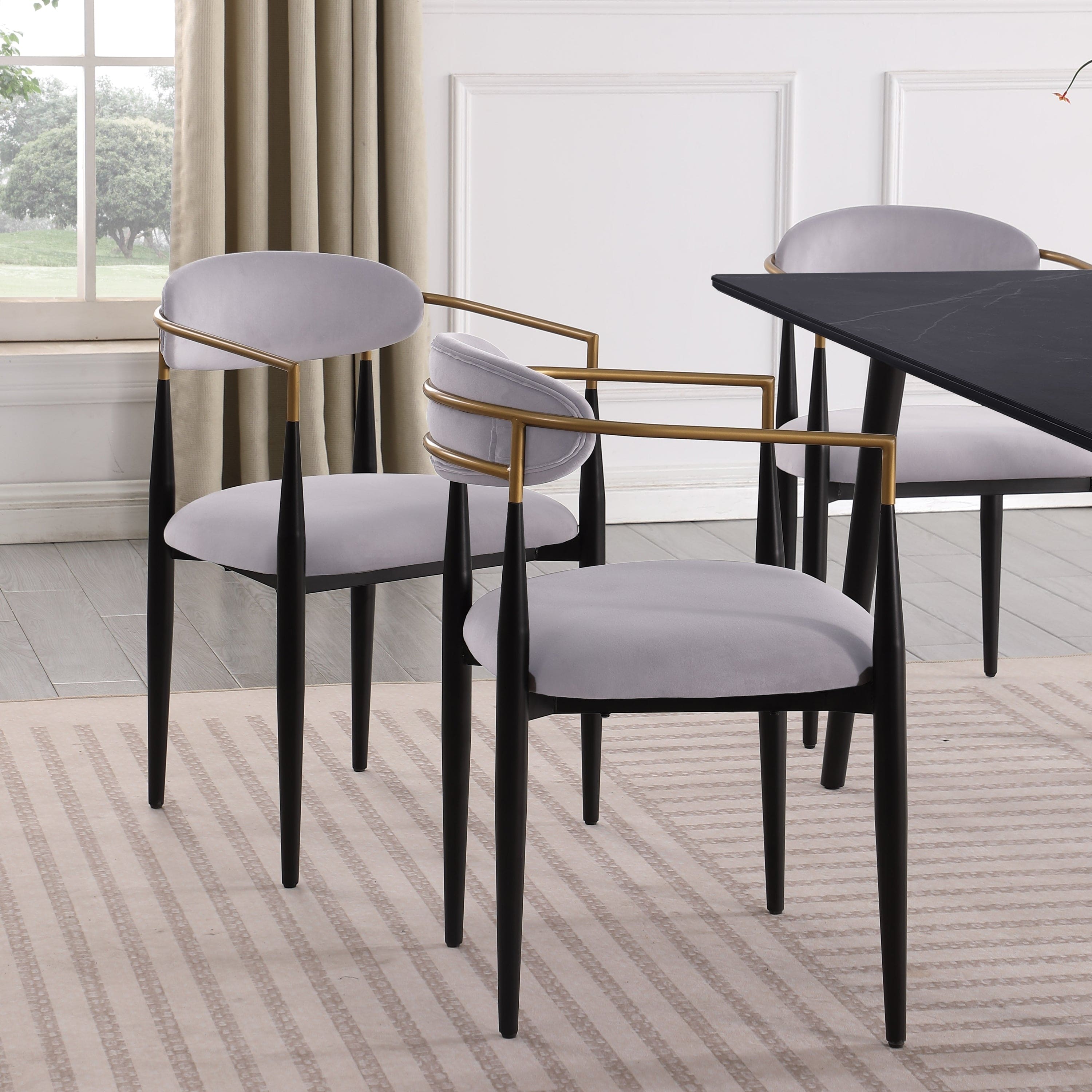 Modern Contemporary 5pc Dining Set Black Sintered Stone Table and Gray Chairs Fabric Upholstered Stylish Furniture