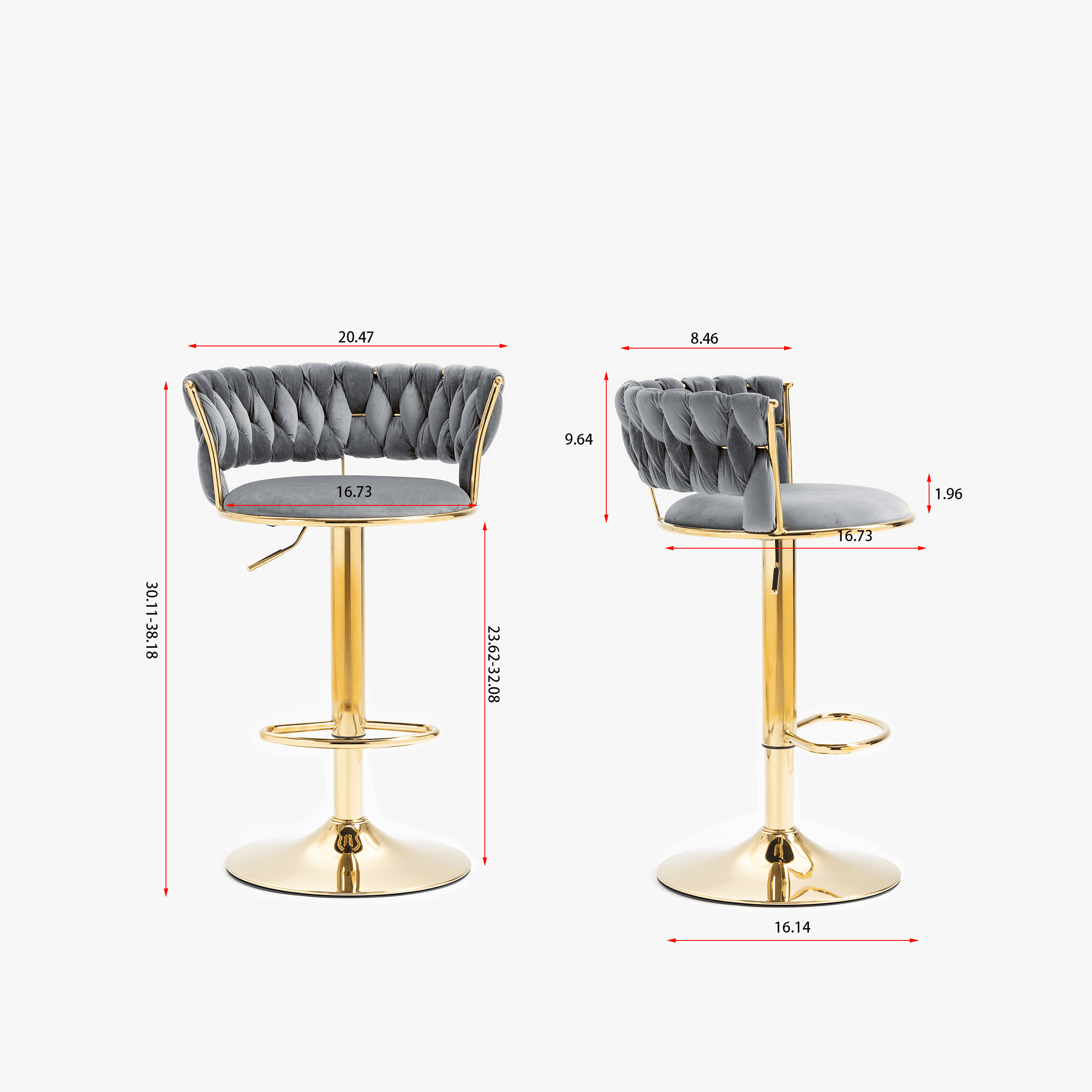 Set of 2  Bar Stools,with Chrome Footrest and Base Swivel Height Adjustable Mechanical Lifting Velvet + Golden Leg Simple Bar Stool-gray