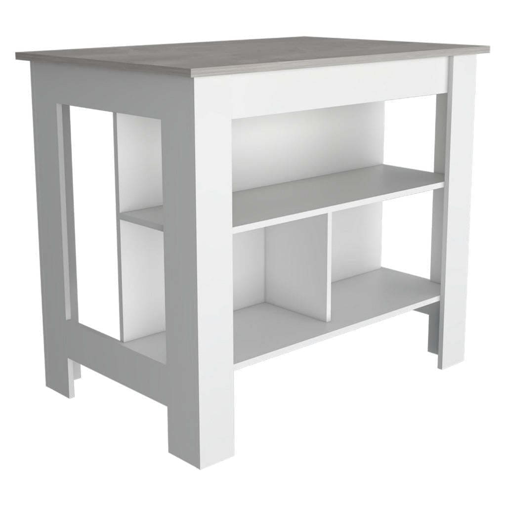 DEPOT E-SHOP Delos Kitchen Island, Four Legs, Three Shelves, White / Ibiza Marble