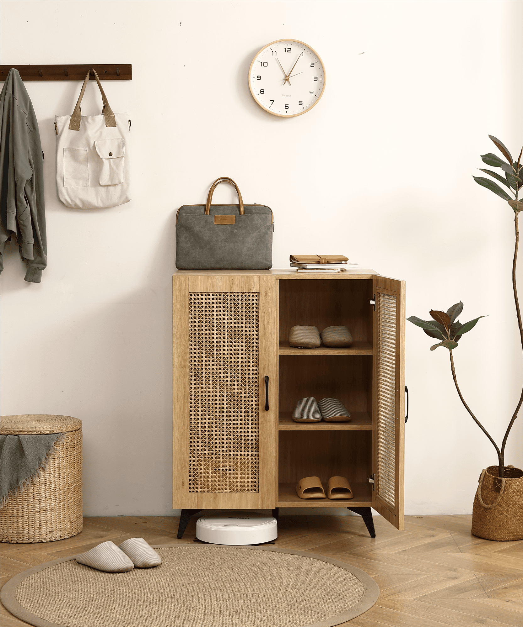 Natural Rattan Storage Cabinet Double-Door Shoe Cabinet with Large Storage Space and Durable Structure 29.5inch