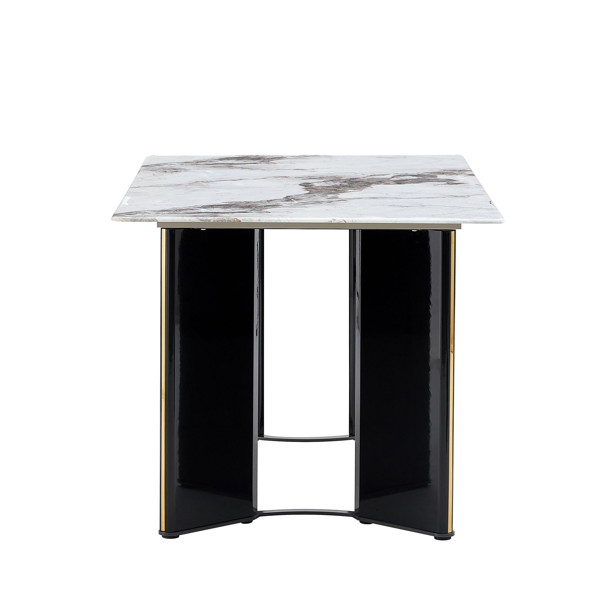 Modern minimalist rectangular dining table, white imitation marble tabletop, MDF table legs with gold metal decorative strips. Suitable for restaurant and living room   F-HH