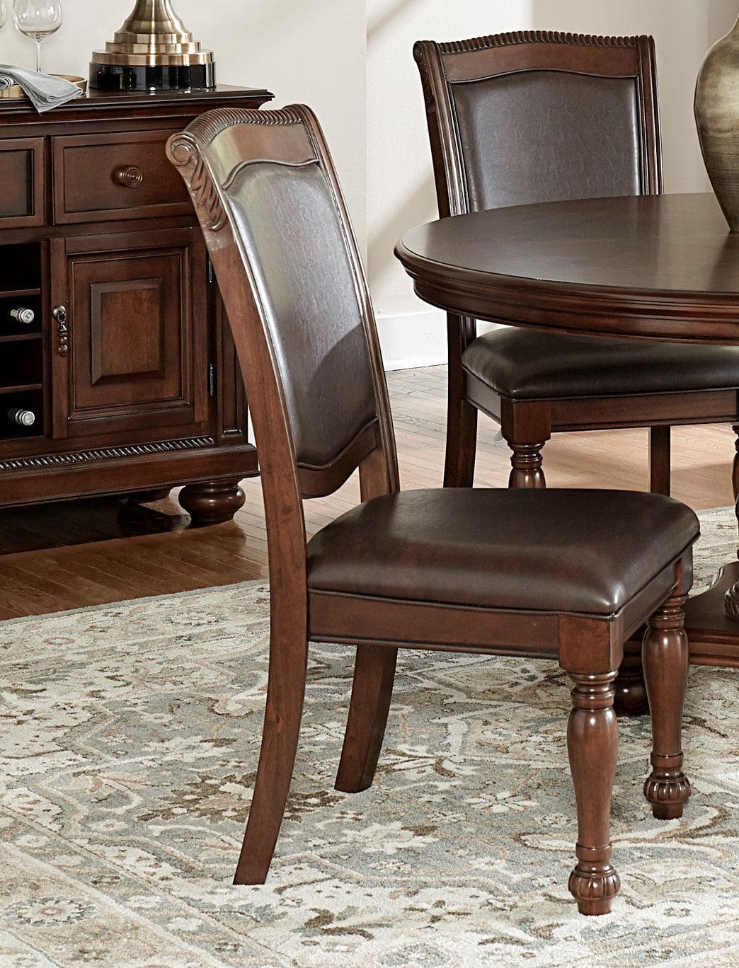 Traditional Dining Wooden Side Chairs Set of 2 Brown Cherry Finish Faux Leather Upholstery Home Furniture