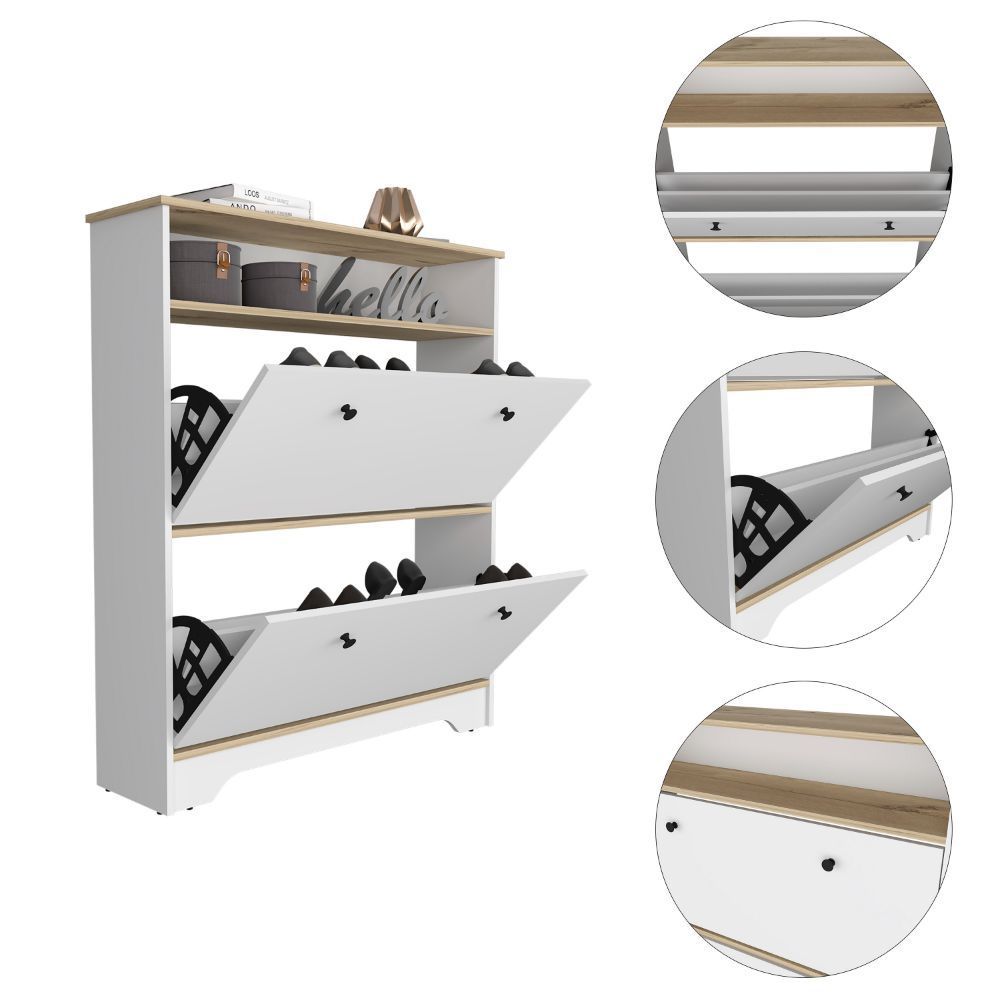 Shoe Rack Dublin, One Open Shelf, Two Extendable Cabinets, Light Oak / White Finish