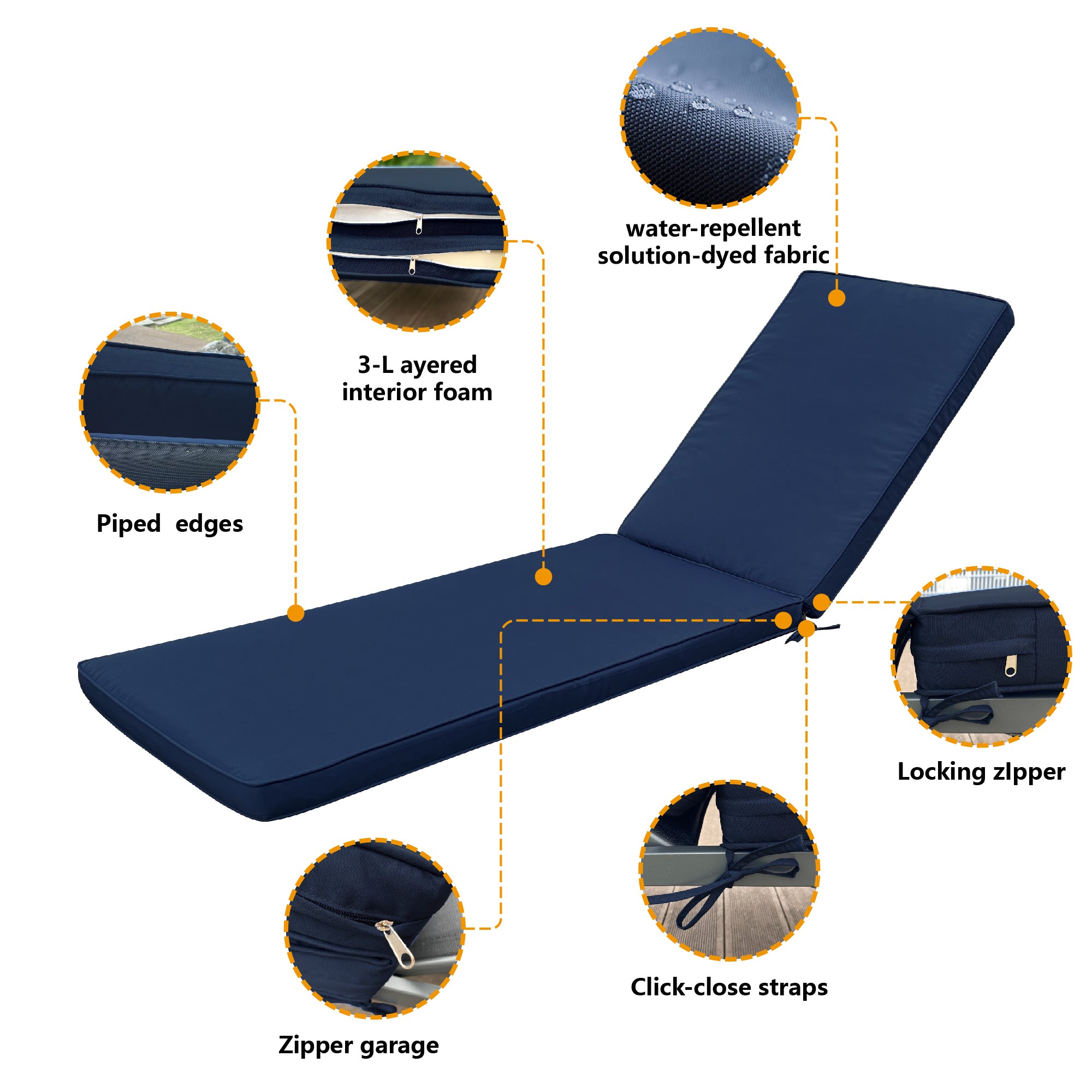 2PCS Set Outdoor Lounge Chair Cushion Replacement Patio Funiture Seat Cushion Chaise Lounge Cushion-Navy Blue